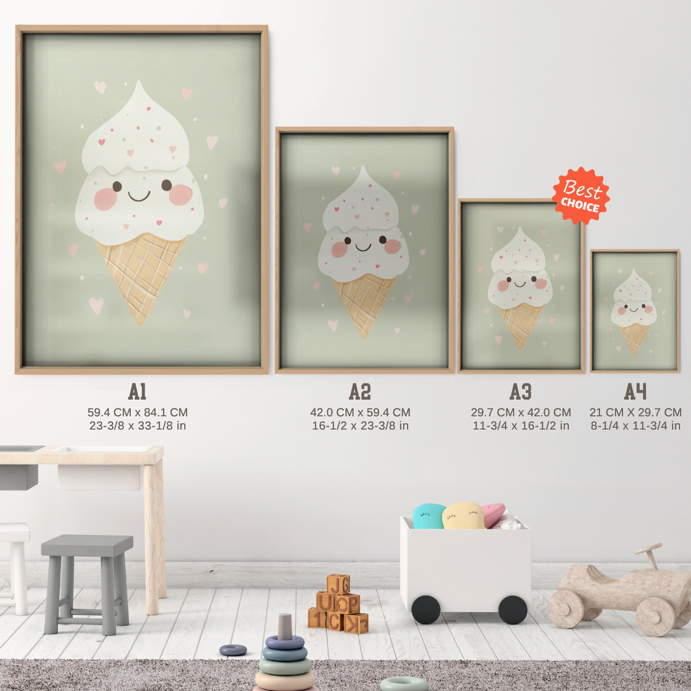 Ice Cream Cone Nursery Print - size guide A4 A3 A2 A1 nursery print