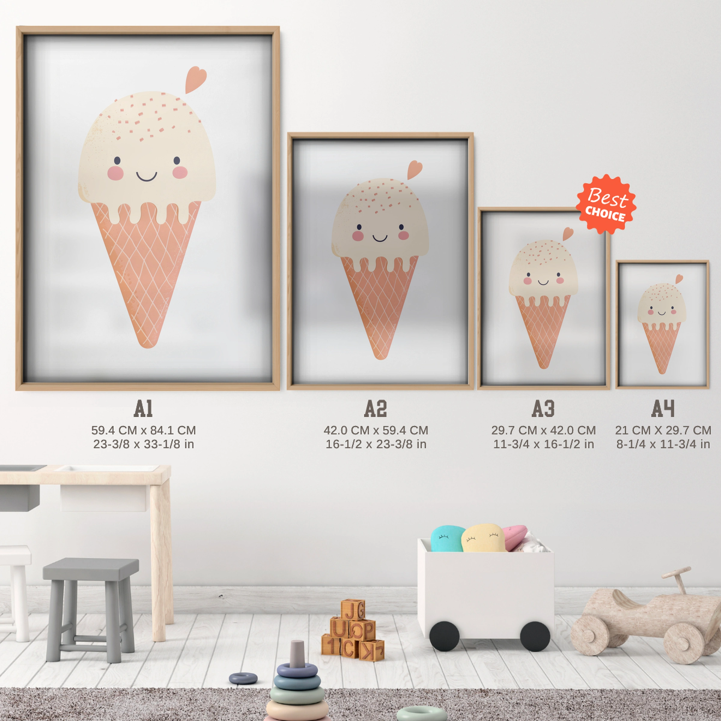 Ice Cream Nursery Print - size guide A4 A3 A2 A1 nursery print