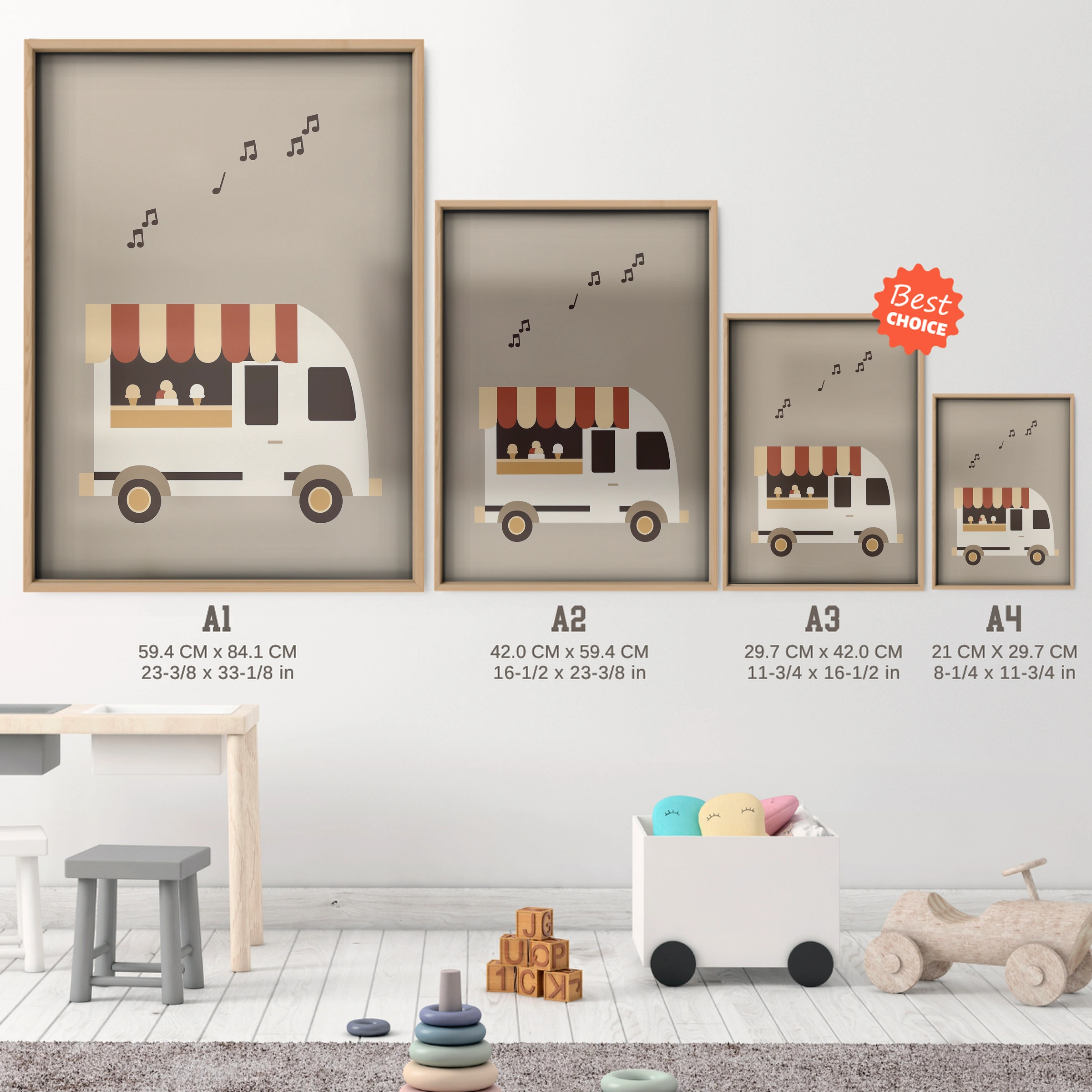 Ice Cream Truck Nursery Print - size guide A4 A3 A2 A1 nursery print