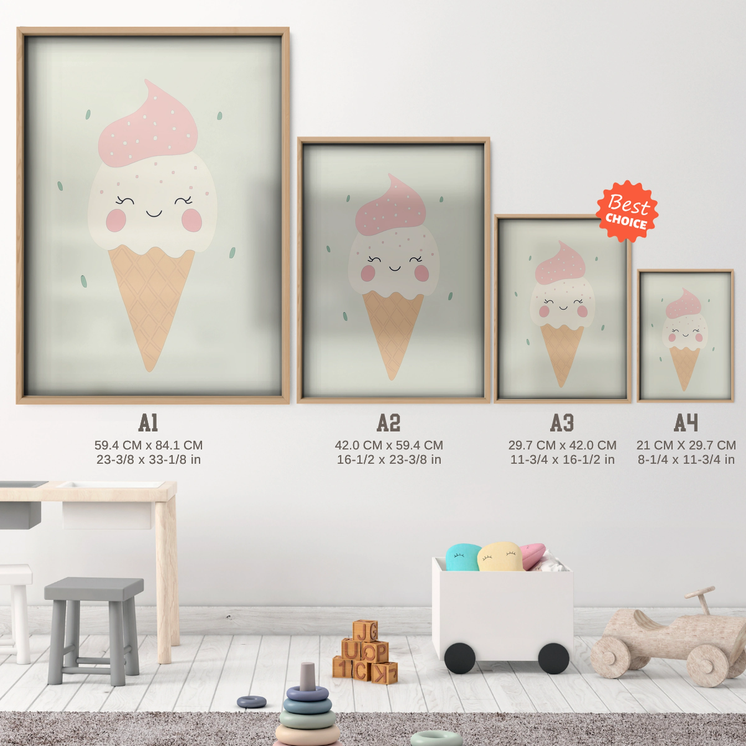Ice Cream Whale Nursery Print - size guide A4 A3 A2 A1 nursery print