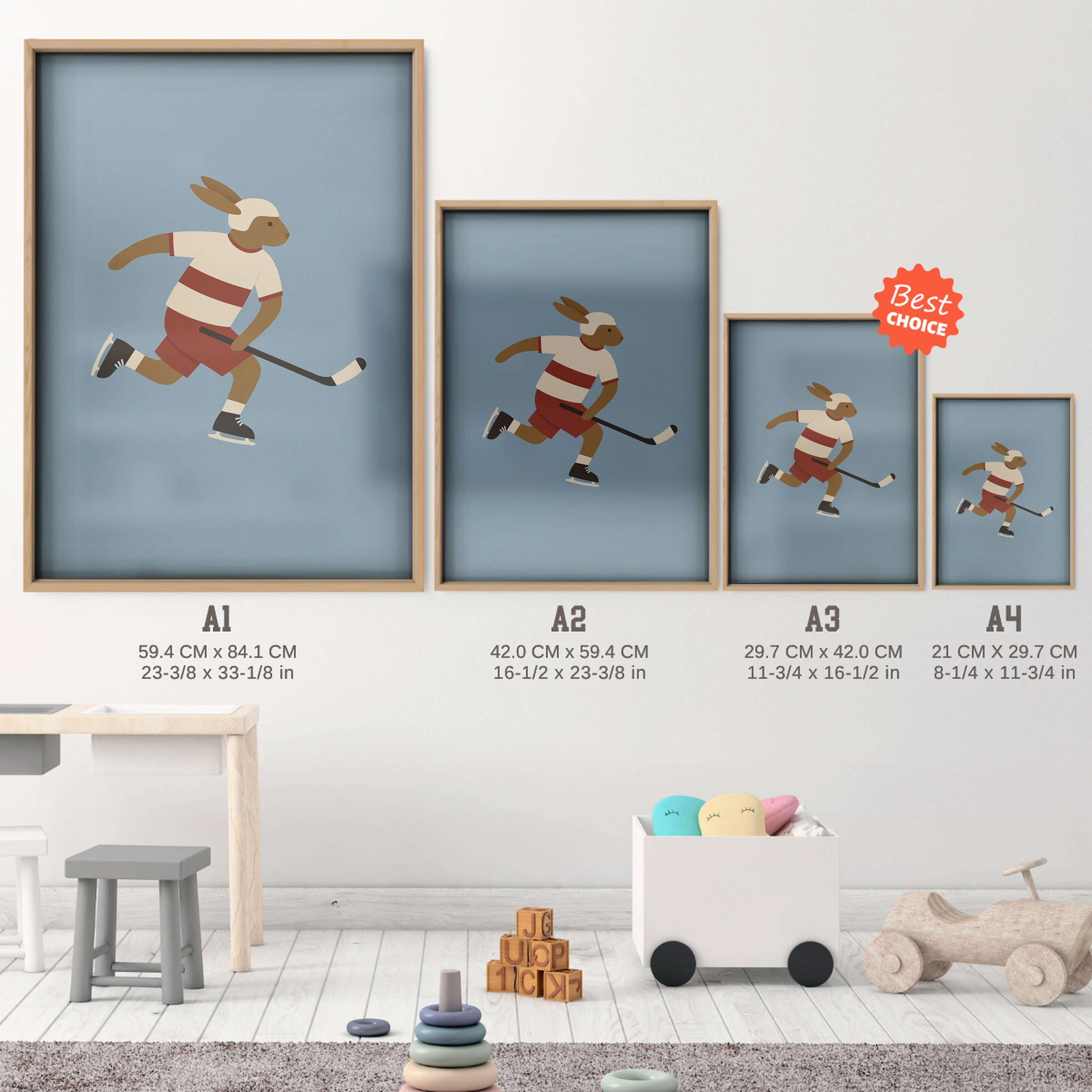Ice Hockey Rabbit Nursery Print - size guide A4 A3 A2 A1 nursery print
