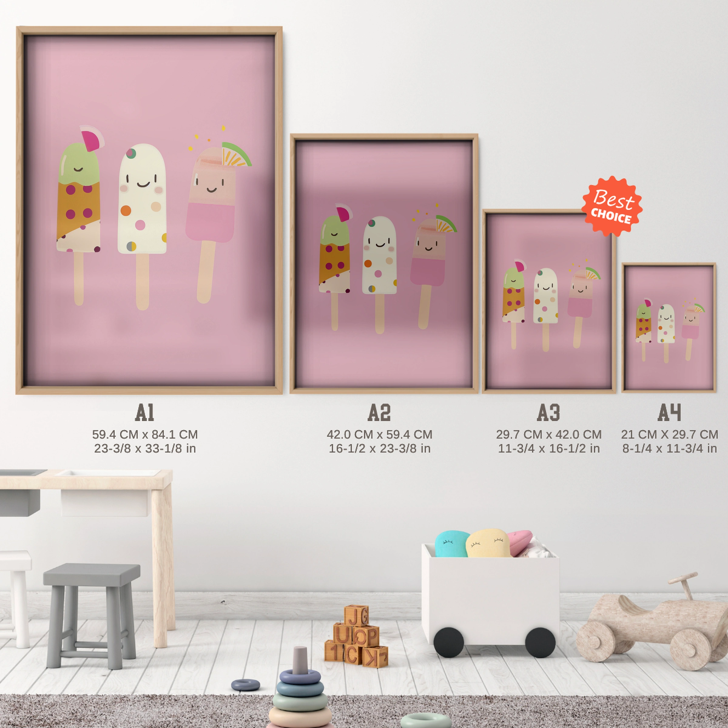 Ice Lollies Nursery Print - size guide A4 A3 A2 A1 nursery print