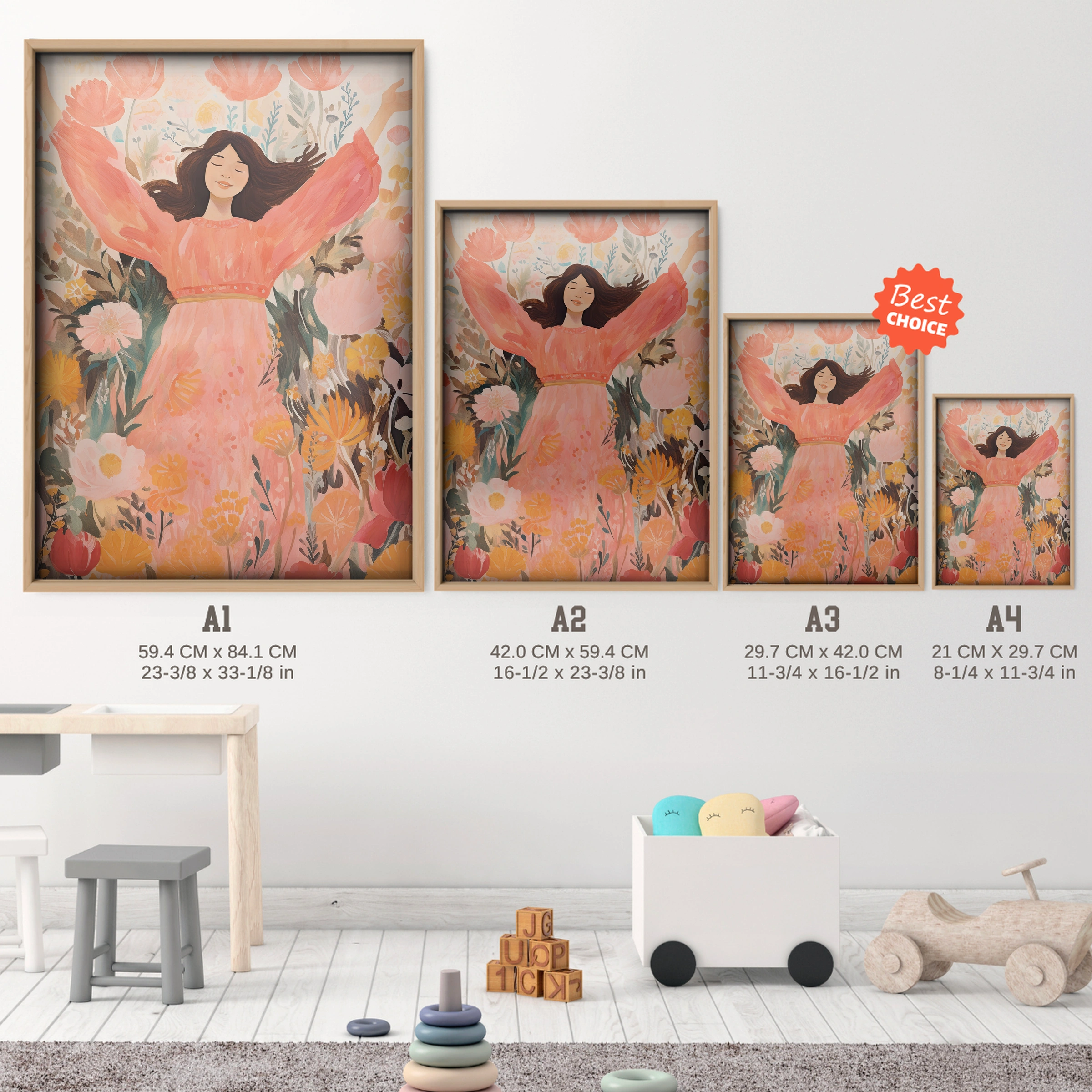 Joyful Flowers Figure Nursery Print - size guide A4 A3 A2 A1 nursery print