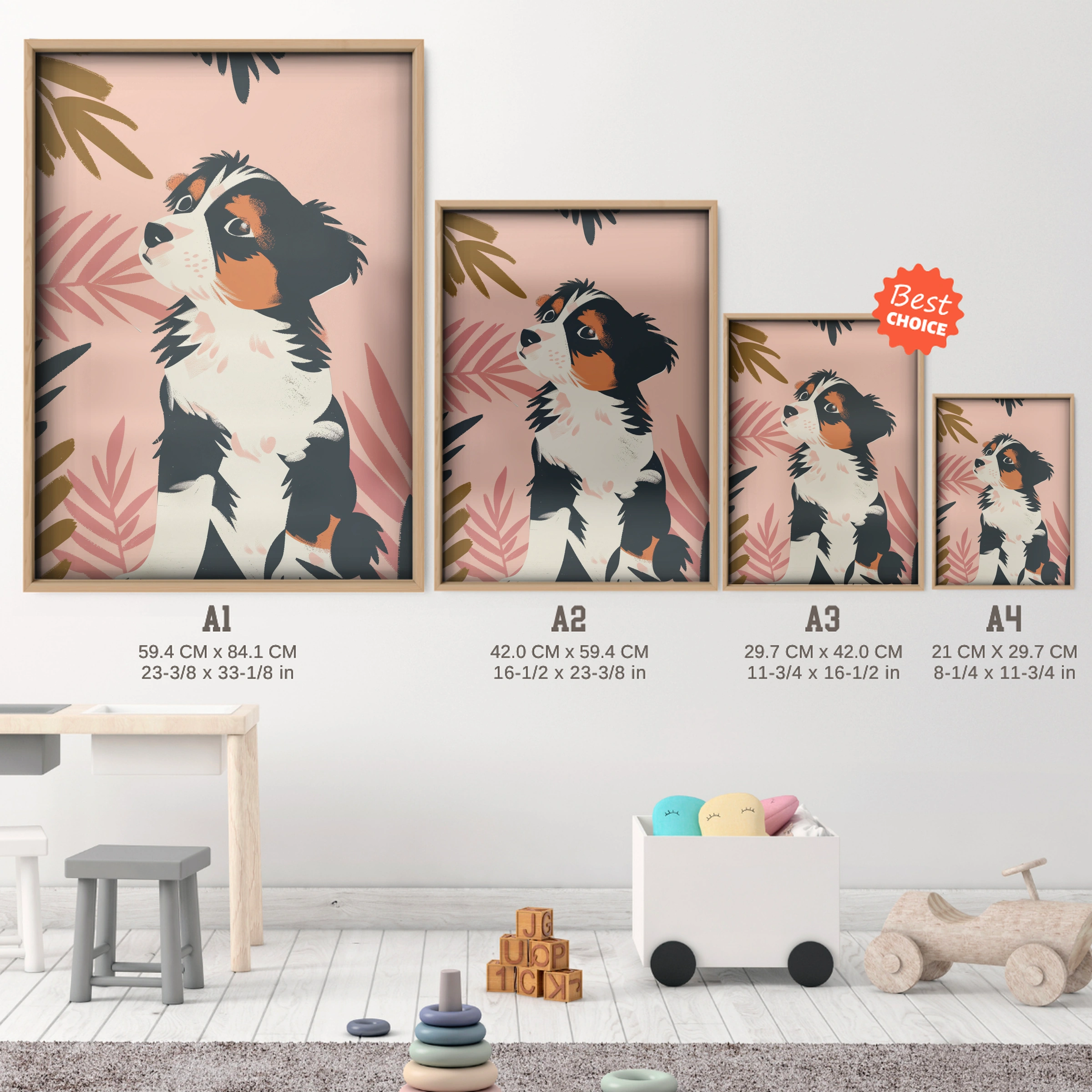 Jungle Puppy Nursery Print - size guide A4 A3 A2 A1 nursery print