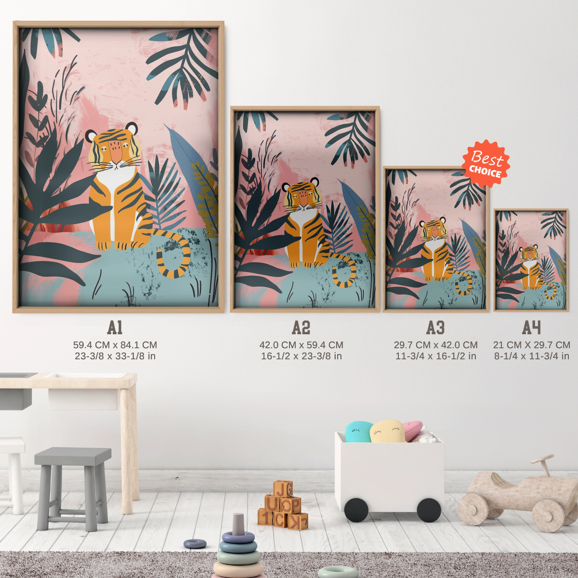 Jungle Tiger Nursery Print - size guide A4 A3 A2 A1 nursery print