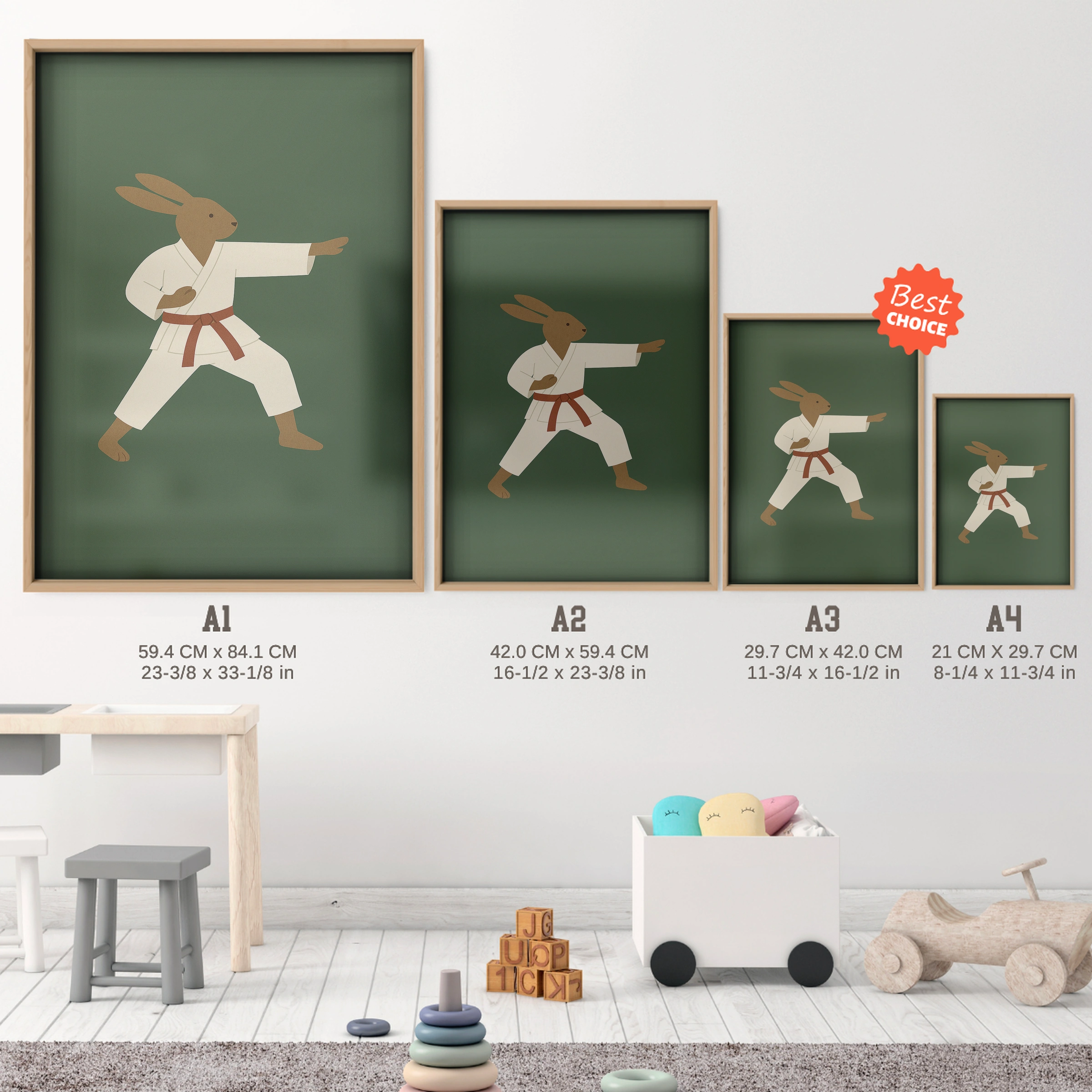 Karate Rabbit Nursery Print - size guide A4 A3 A2 A1 nursery print