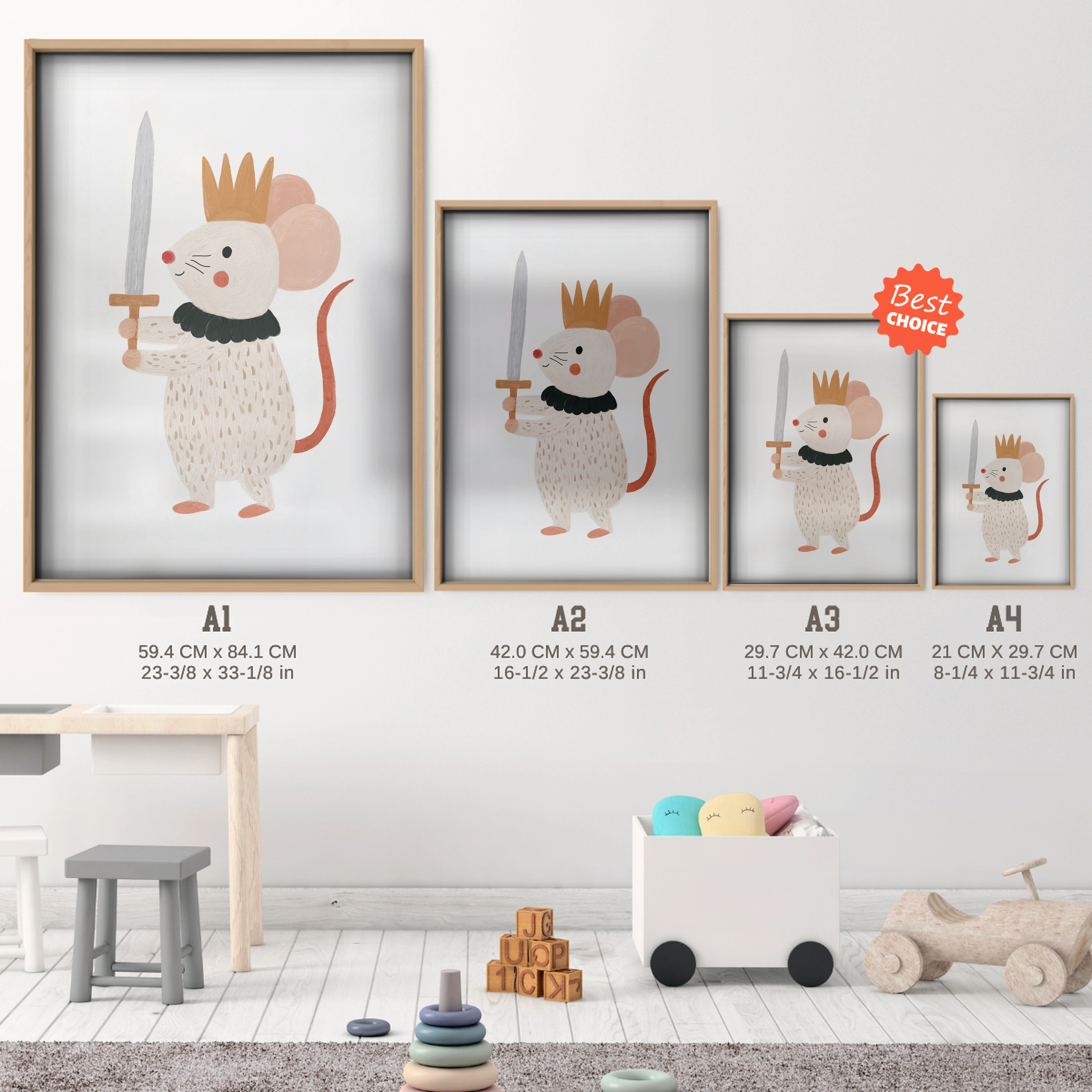 King Mouse Nursery Print - size guide A4 A3 A2 A1 nursery print