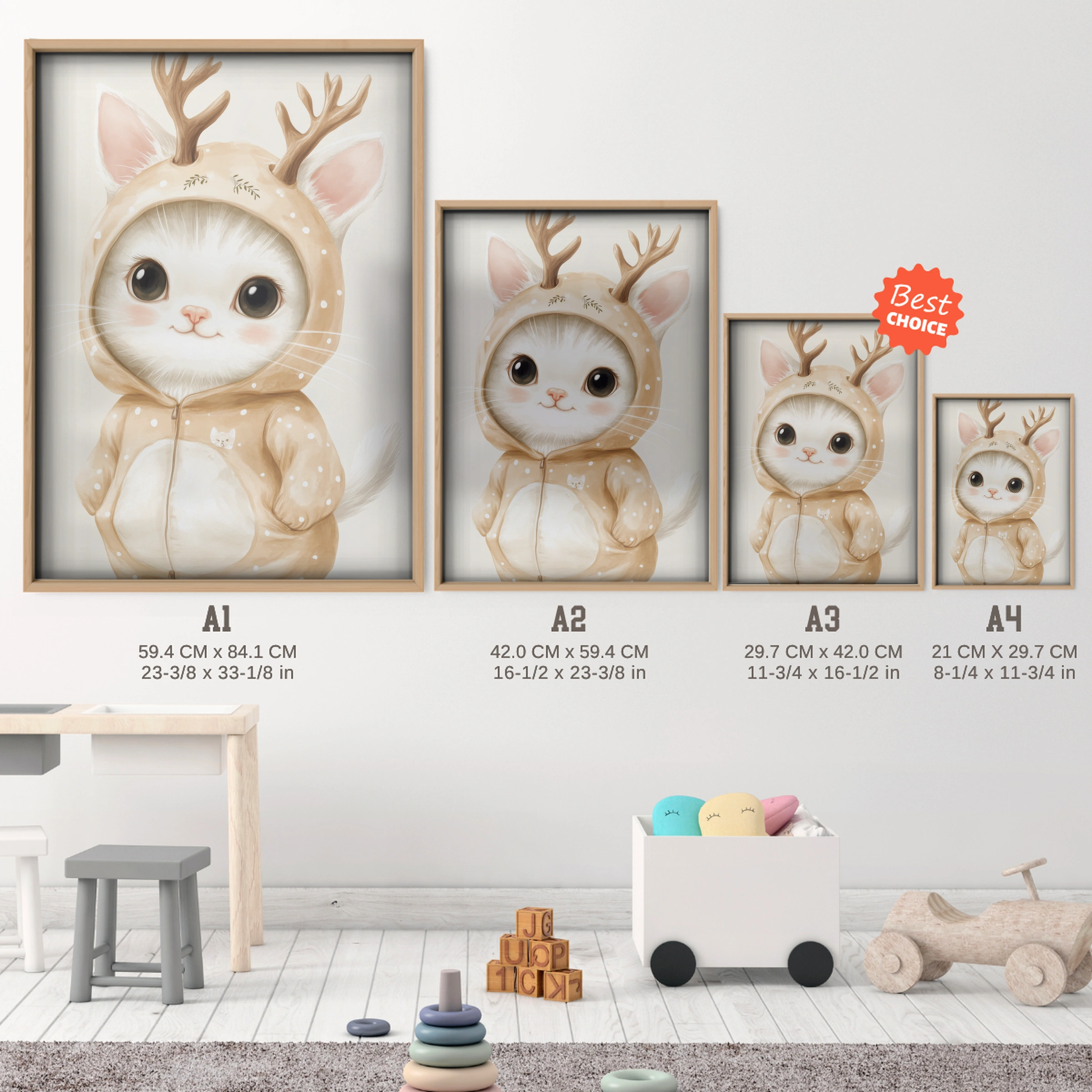 Kitten in a Reindeer Suit Christmas Print - size guide A4 A3 A2 A1 nursery print