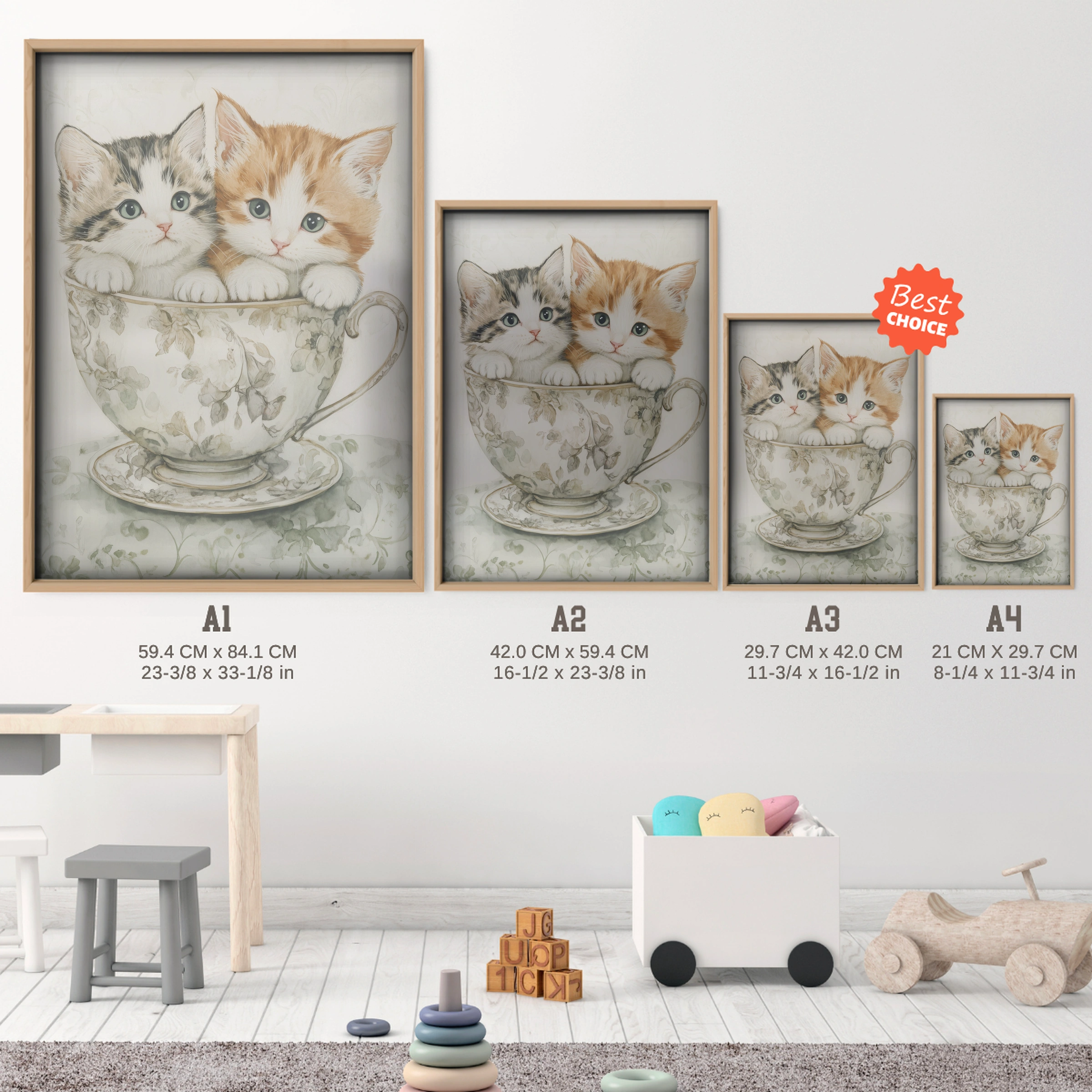 Kittens in a Teacup Nursery Print - size guide A4 A3 A2 A1 nursery print