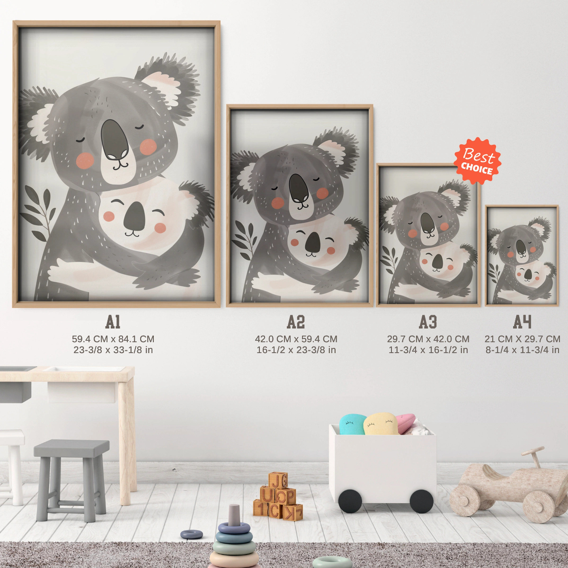 Koala and Baby Nursery Print - size guide A4 A3 A2 A1 nursery print