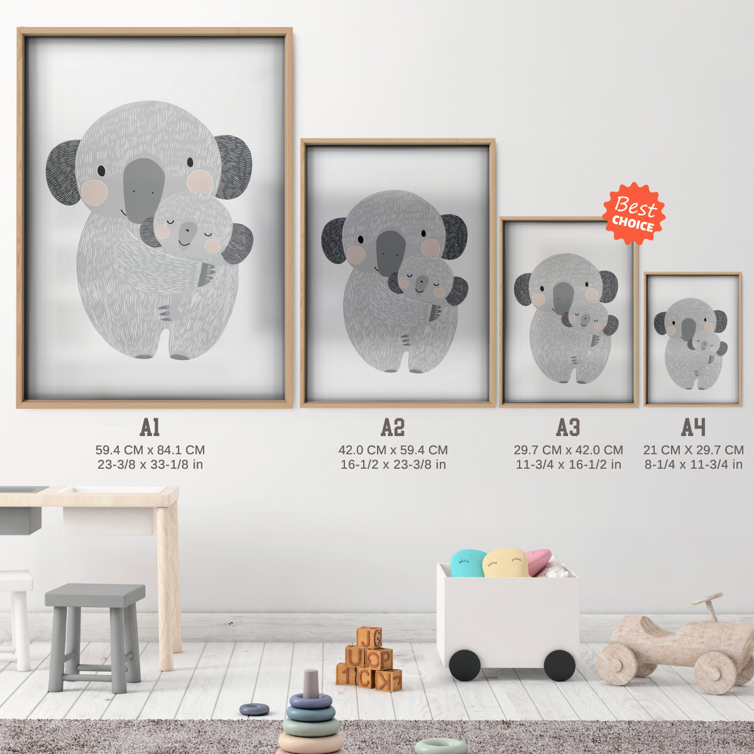 Koala Cuddle Nursery Print - size guide A4 A3 A2 A1 nursery print