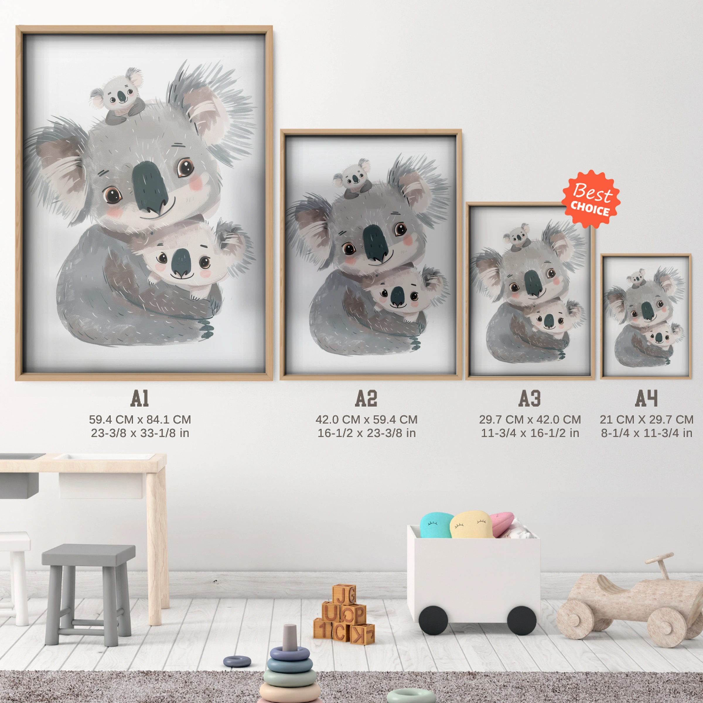 Koala Family Nursery Print - size guide A4 A3 A2 A1 nursery print