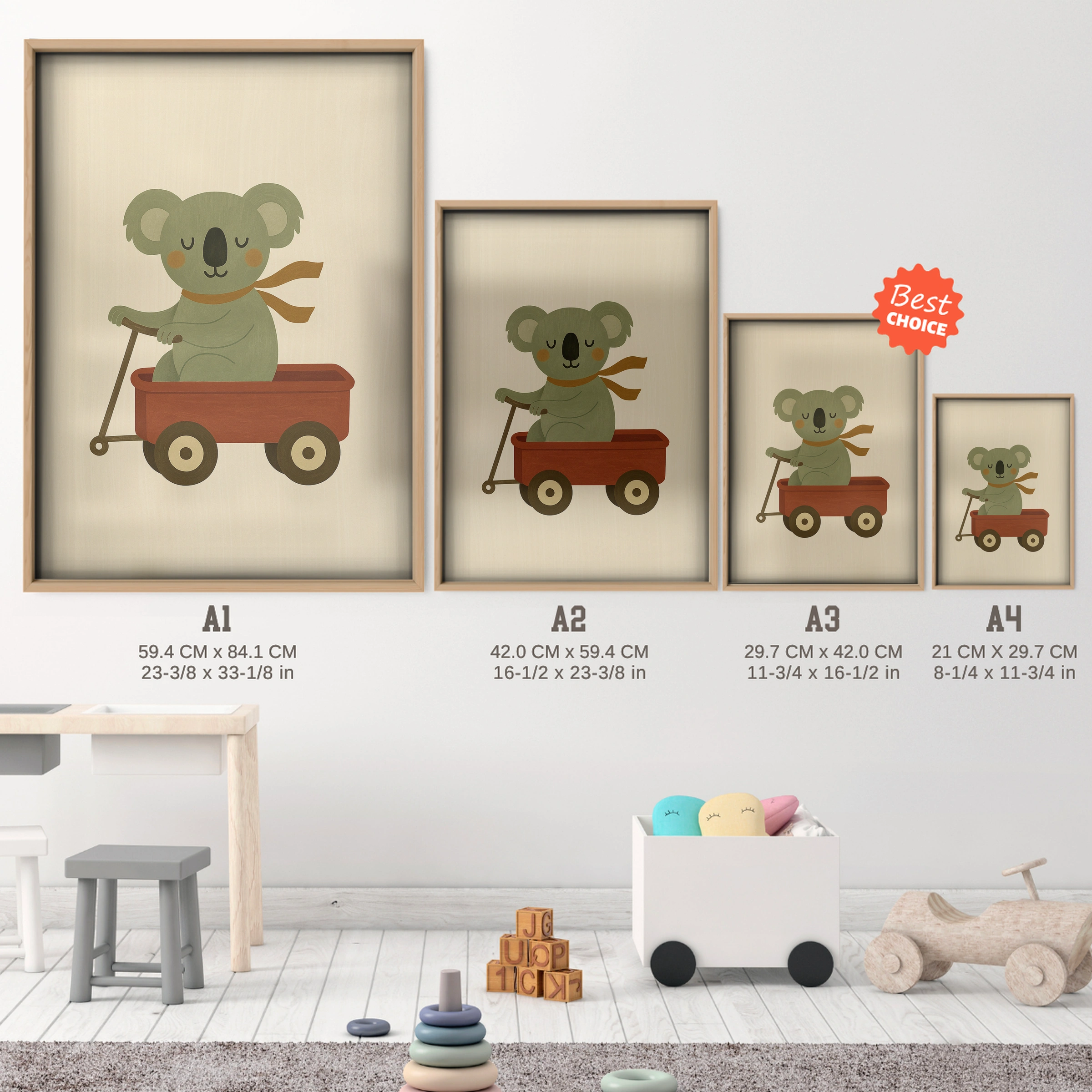 Koala in a Wagon Nursery Print - size guide A4 A3 A2 A1 nursery print