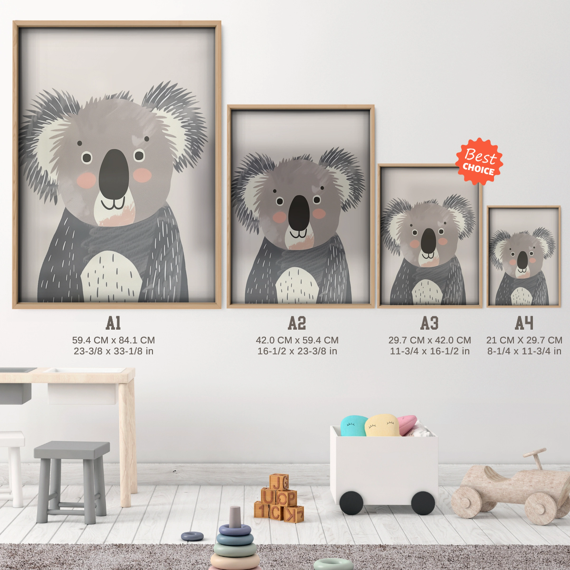 Koala Nursery Print - size guide A4 A3 A2 A1 nursery print