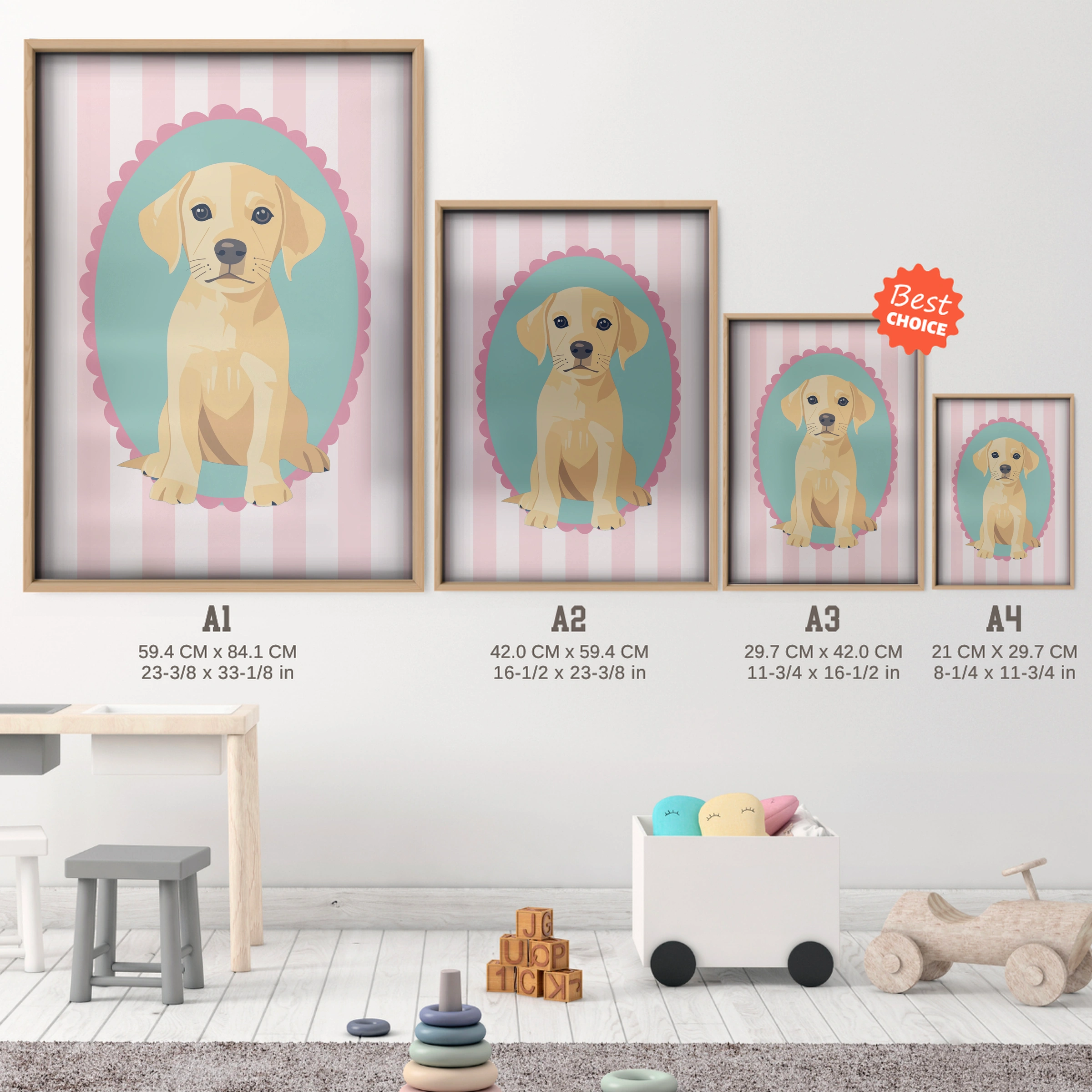 Labrador Cameo Nursery Print - size guide A4 A3 A2 A1 nursery print
