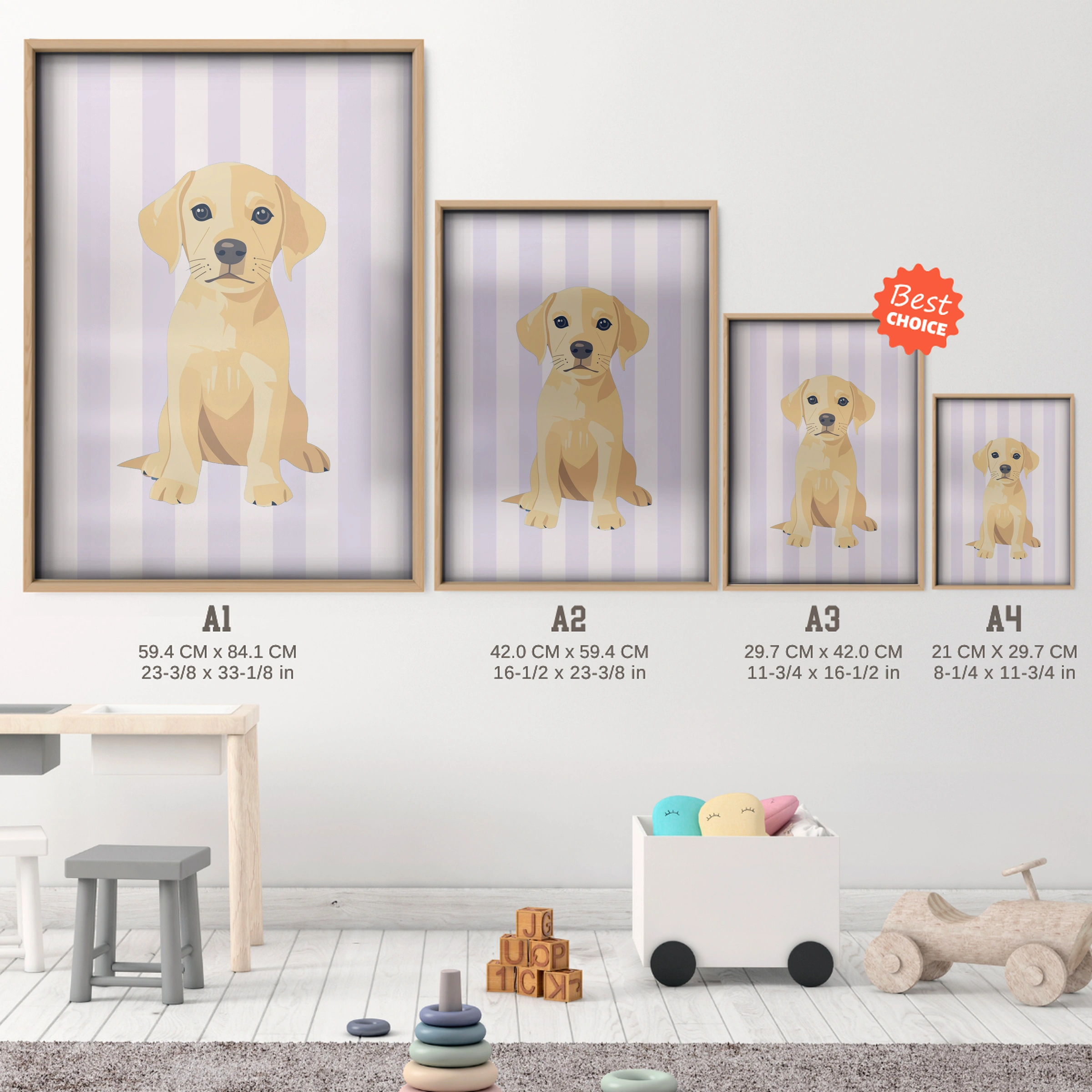 Labrador Puppy Nursery Print - size guide A4 A3 A2 A1 nursery print