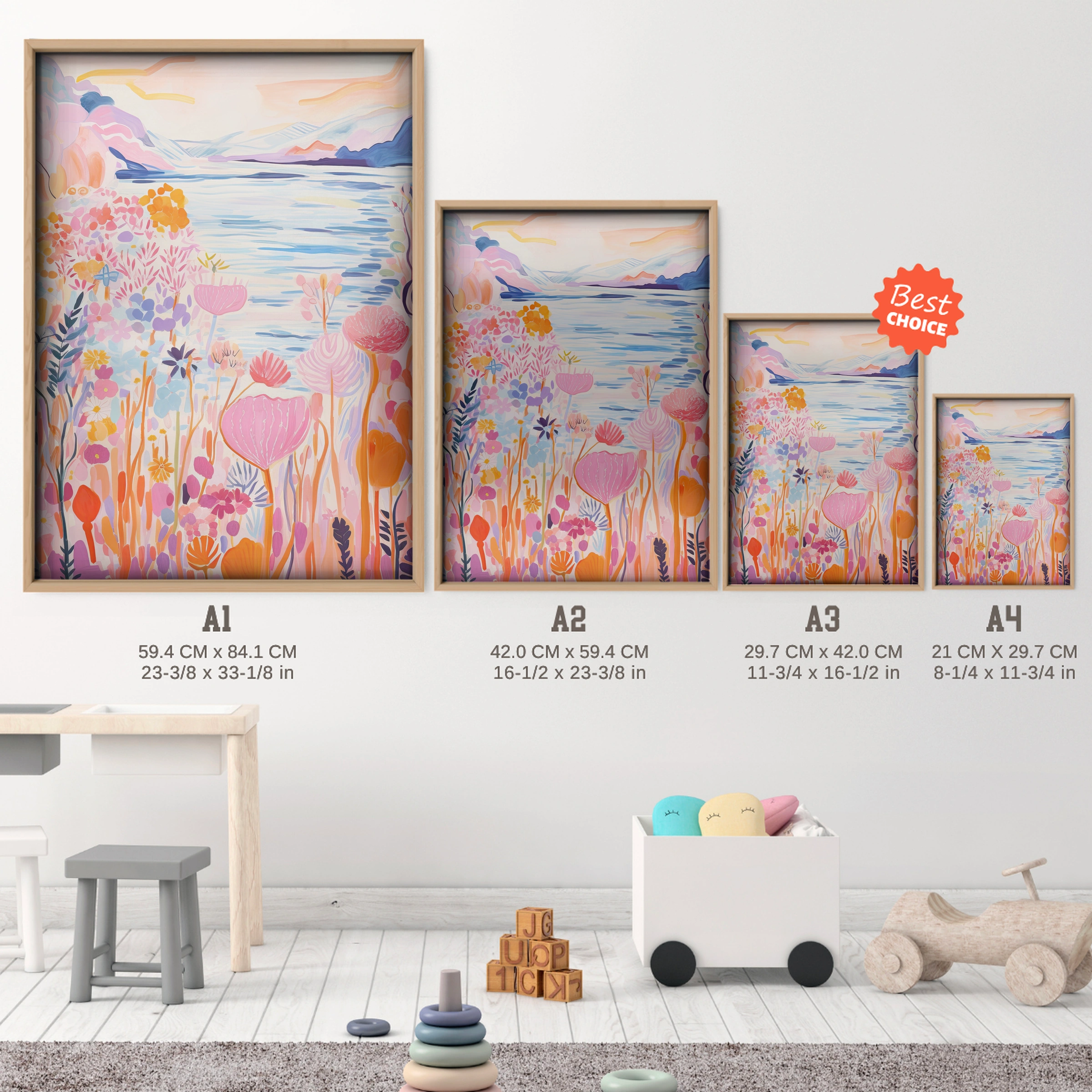 Lakeside Flowers Nursery Print - size guide A4 A3 A2 A1 nursery print