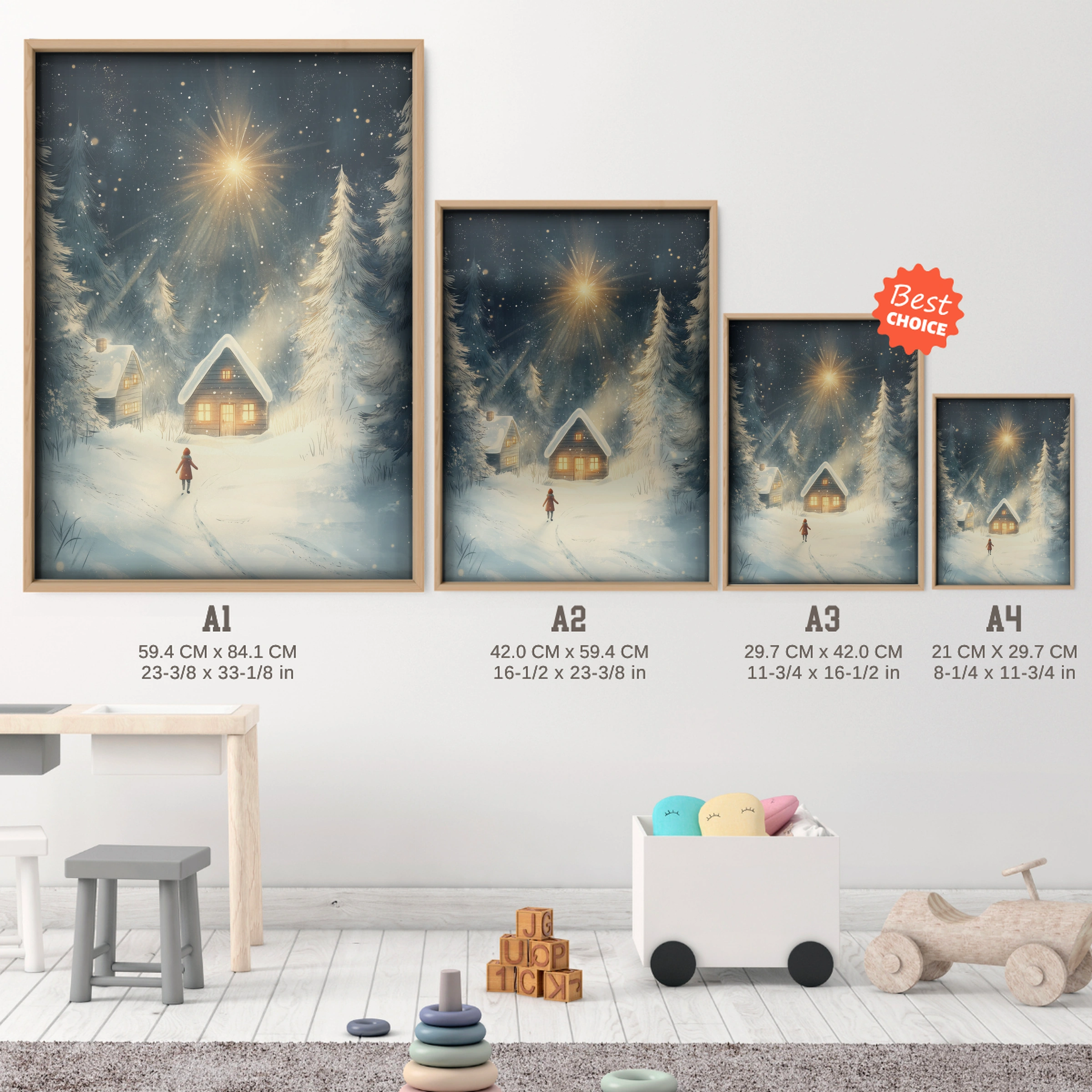 Lantern Cabin Christmas Print - size guide A4 A3 A2 A1 nursery print