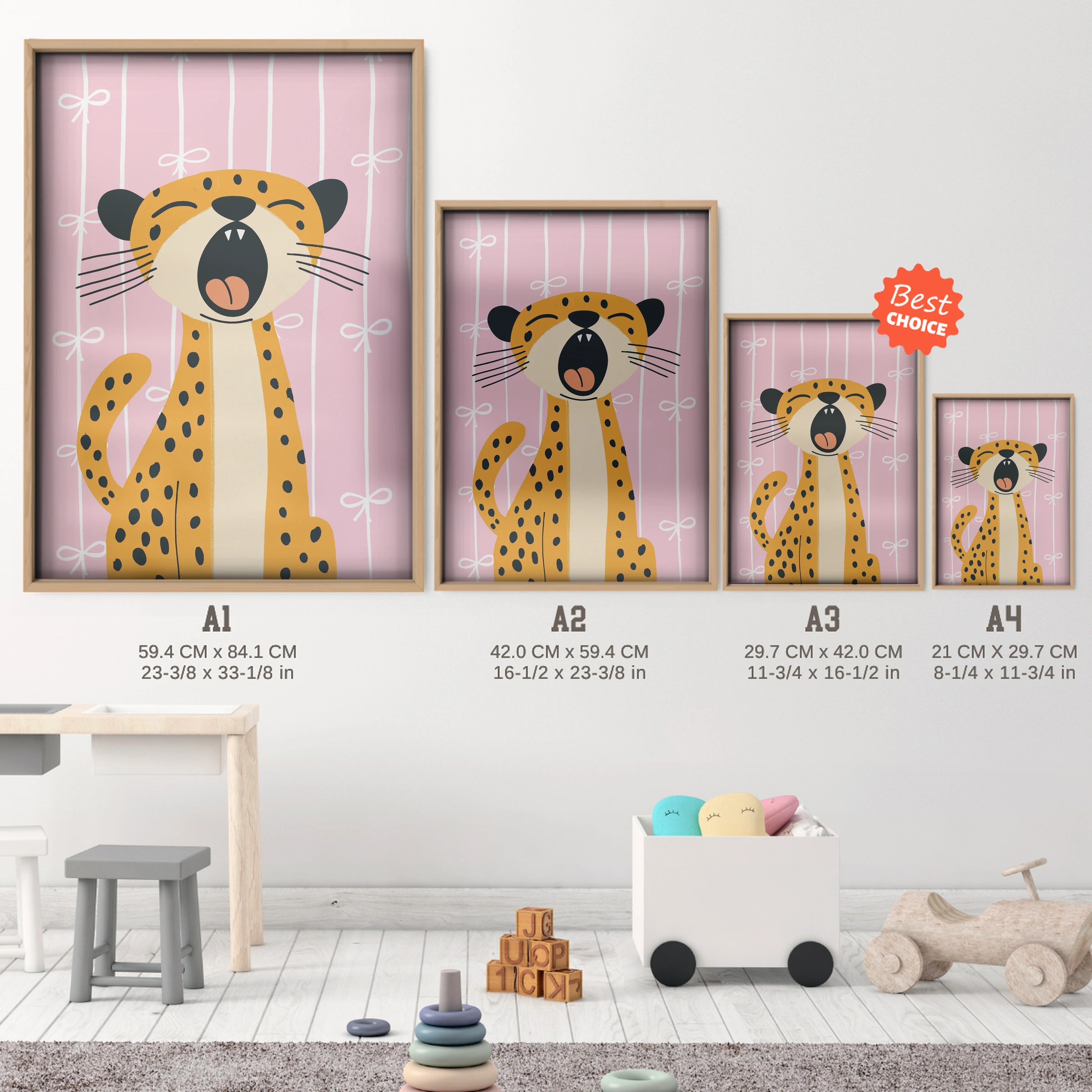 Laughing Cheetah Nursery Print - size guide A4 A3 A2 A1 nursery print