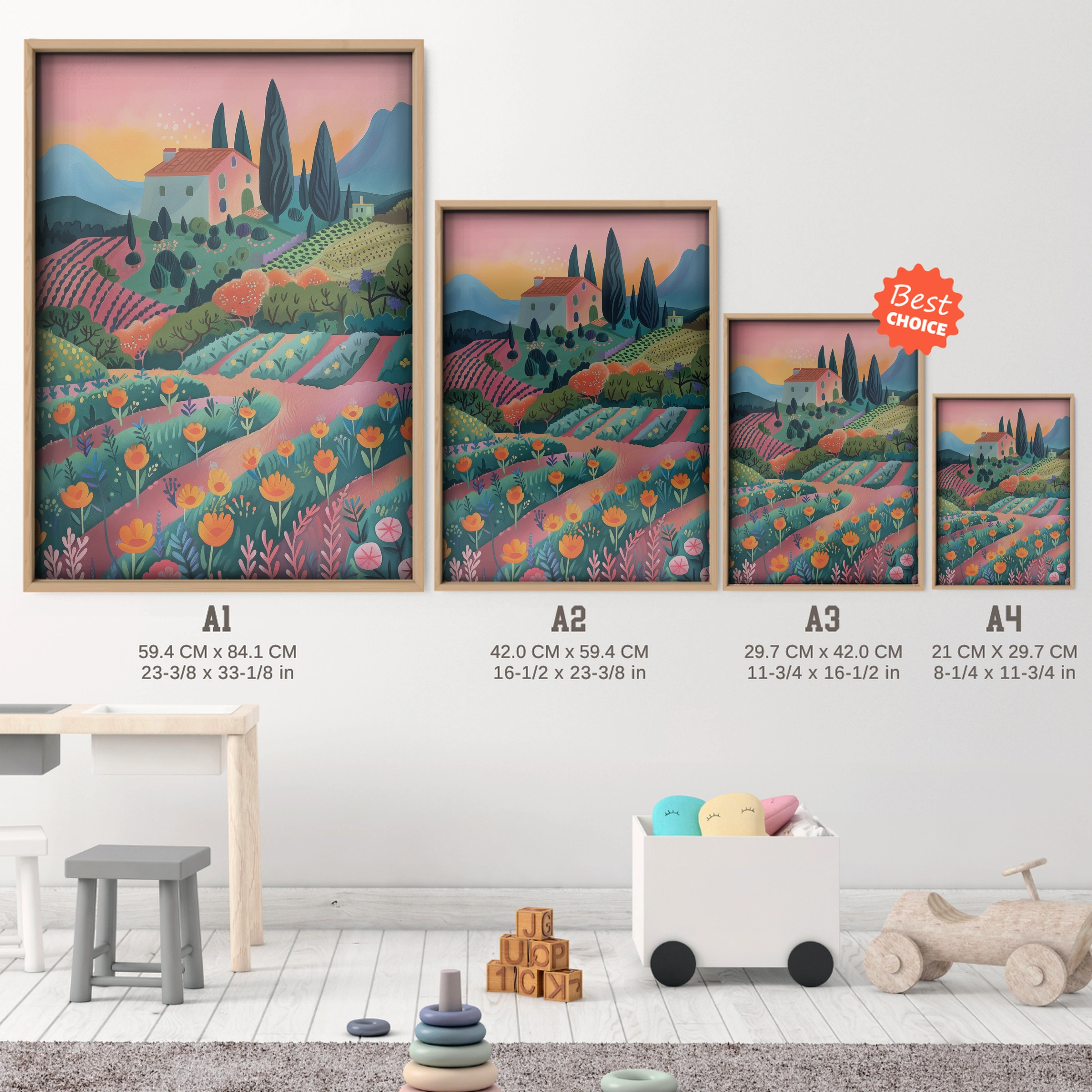 Lavender Fields Nursery Print - size guide A4 A3 A2 A1 nursery print