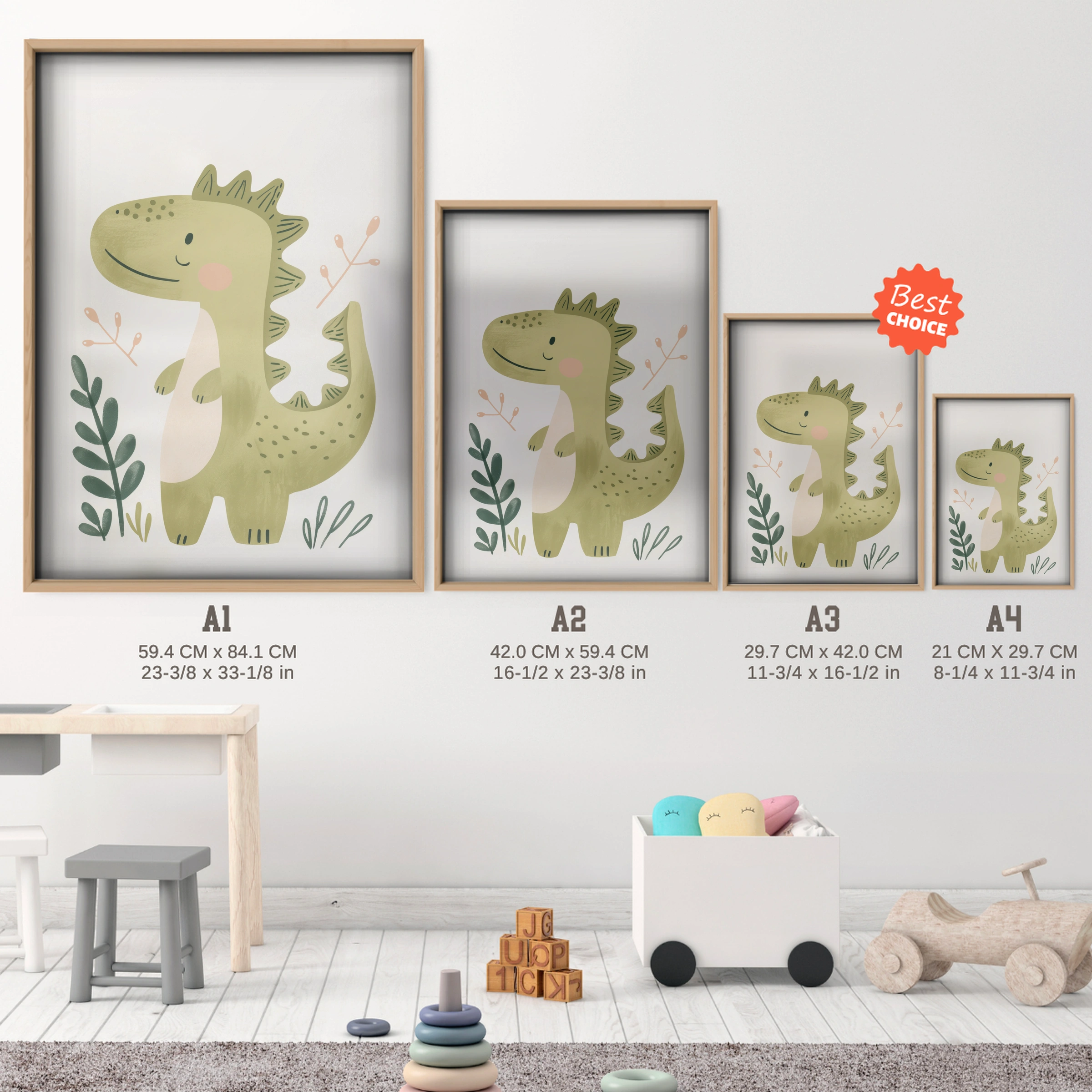 Leafy Green Dragon Nursery Print - size guide A4 A3 A2 A1 nursery print