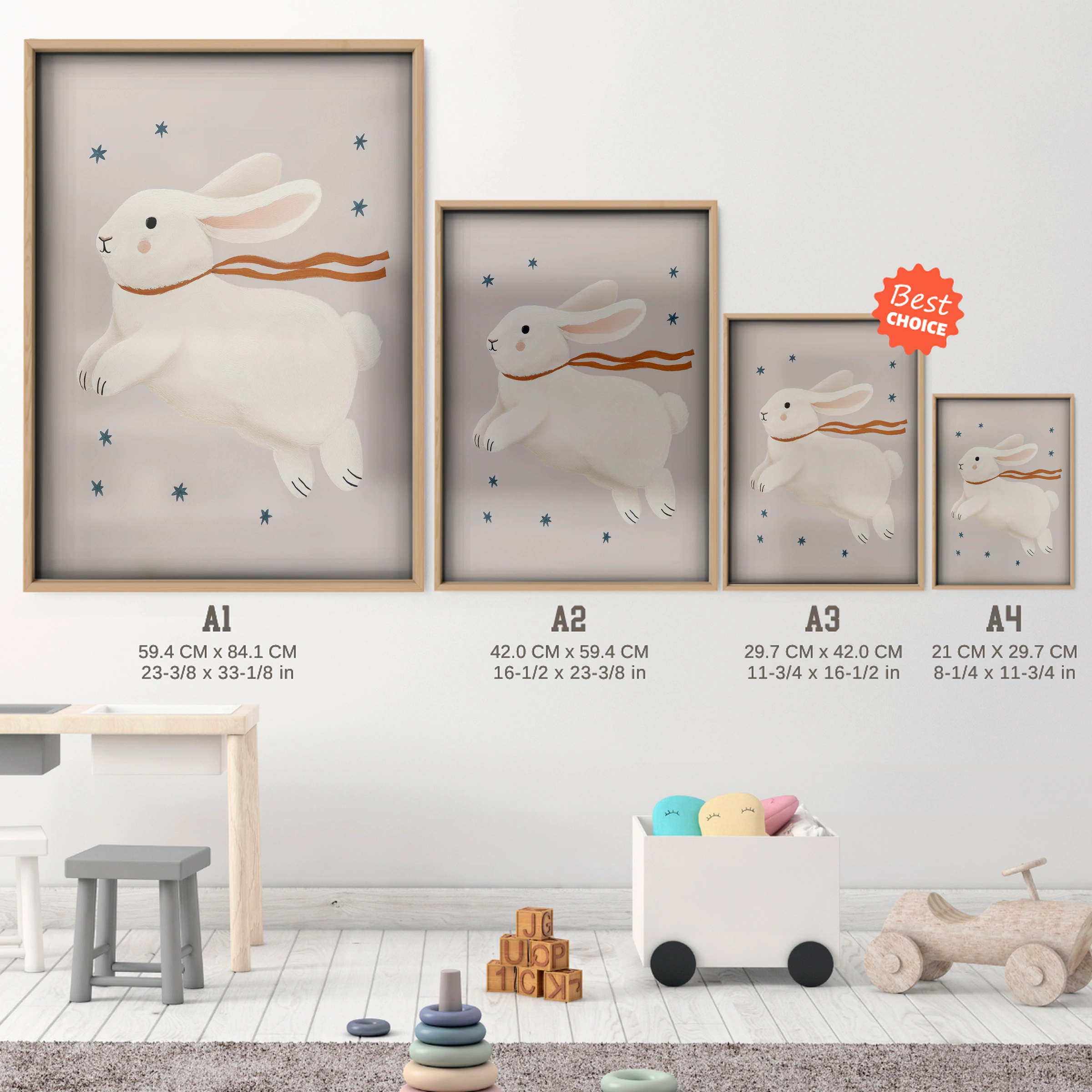Leaping Bunny Nursery Print - size guide A4 A3 A2 A1 nursery print