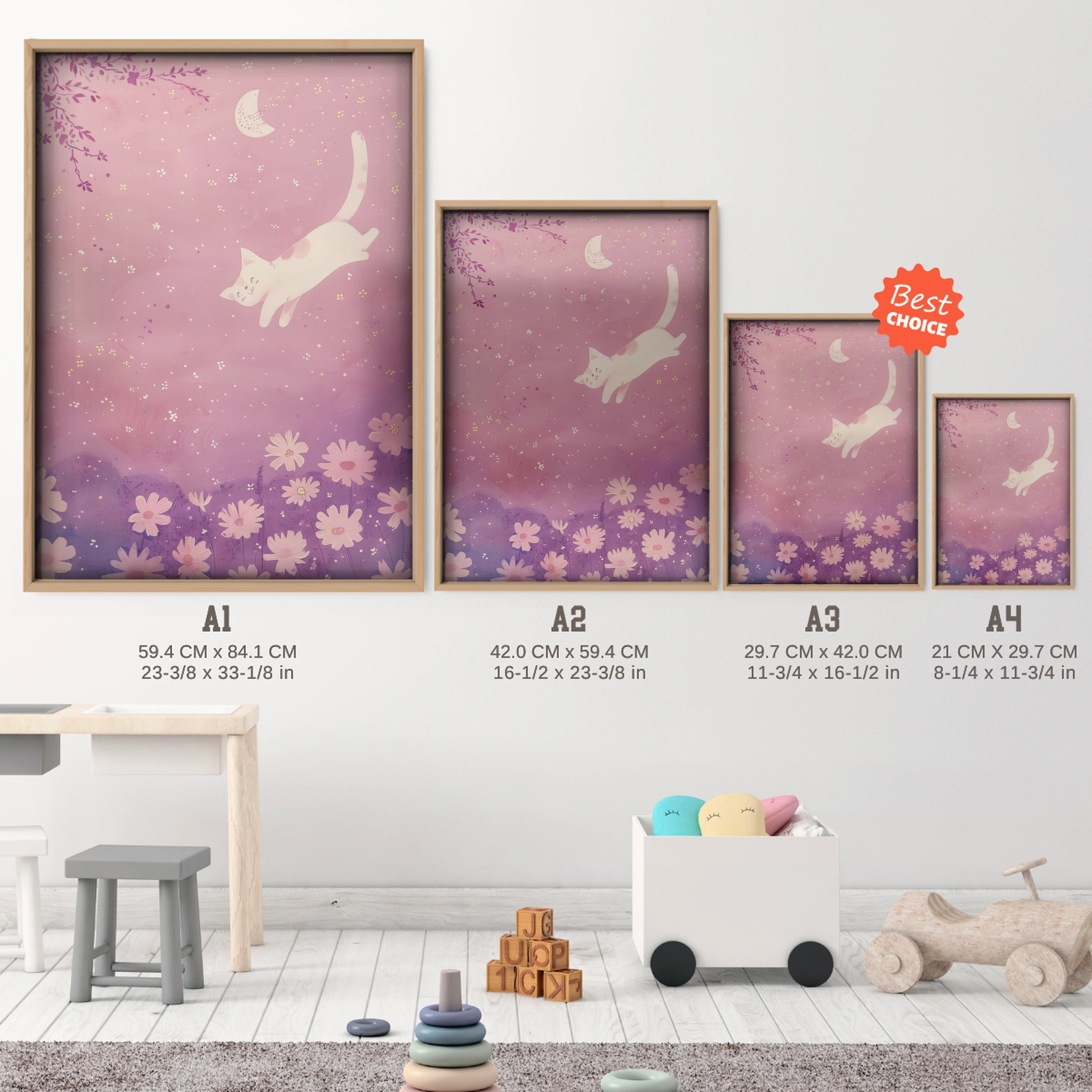 Leaping Cat Nursery Print - size guide A4 A3 A2 A1 nursery print