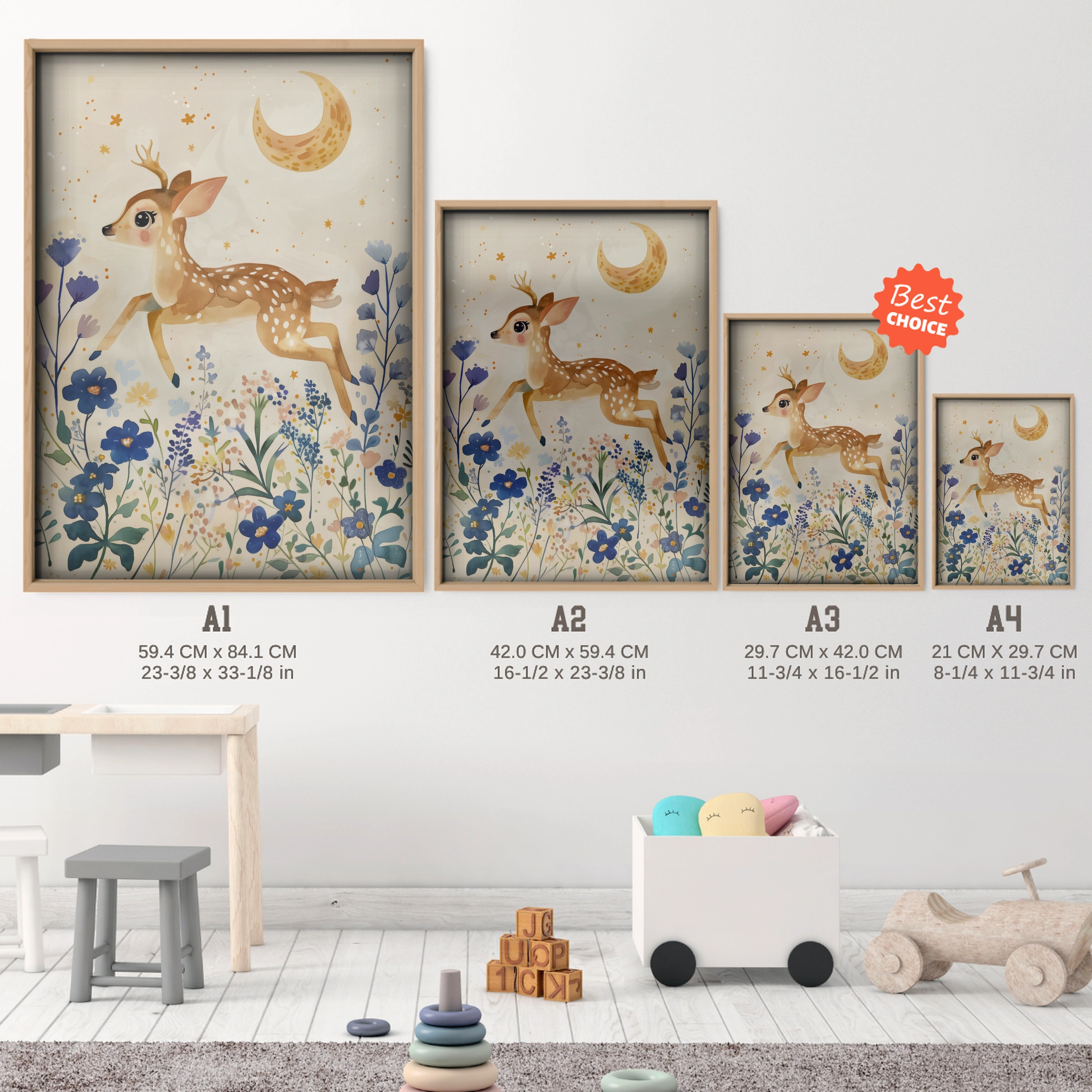 Leaping Fawn Nursery Print - size guide A4 A3 A2 A1 nursery print