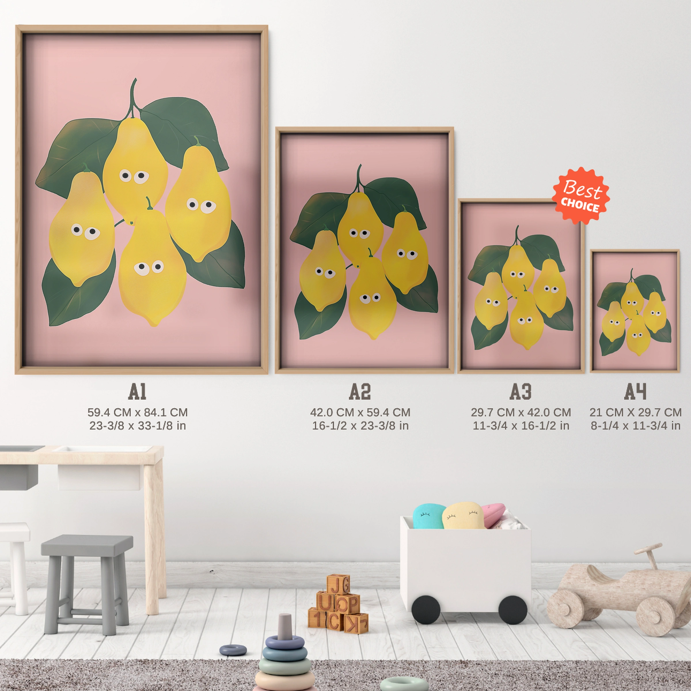 Lemons and Pears Nursery Print - size guide A4 A3 A2 A1 nursery print