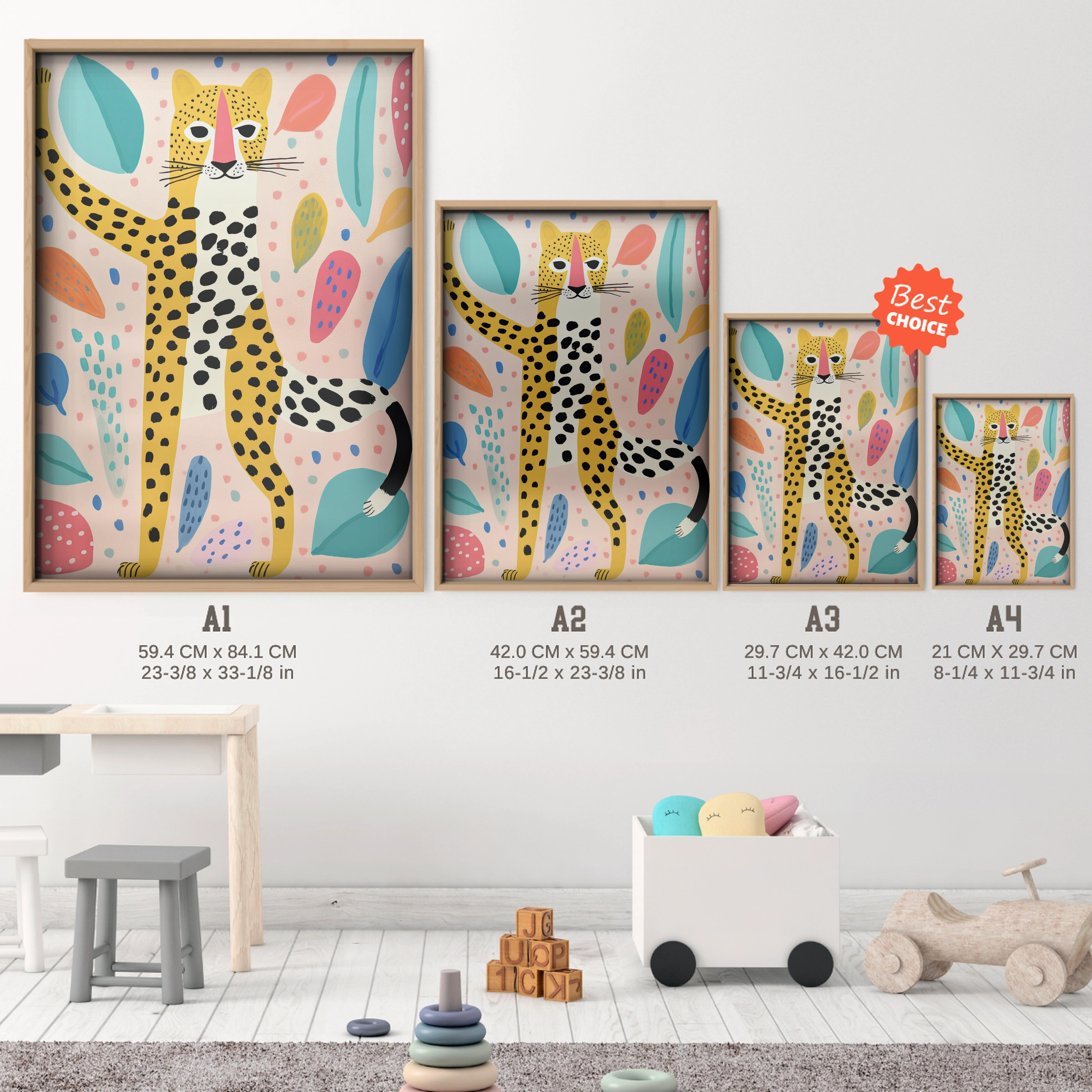 Leopard Among Leaves Nursery Print - size guide A4 A3 A2 A1 nursery print