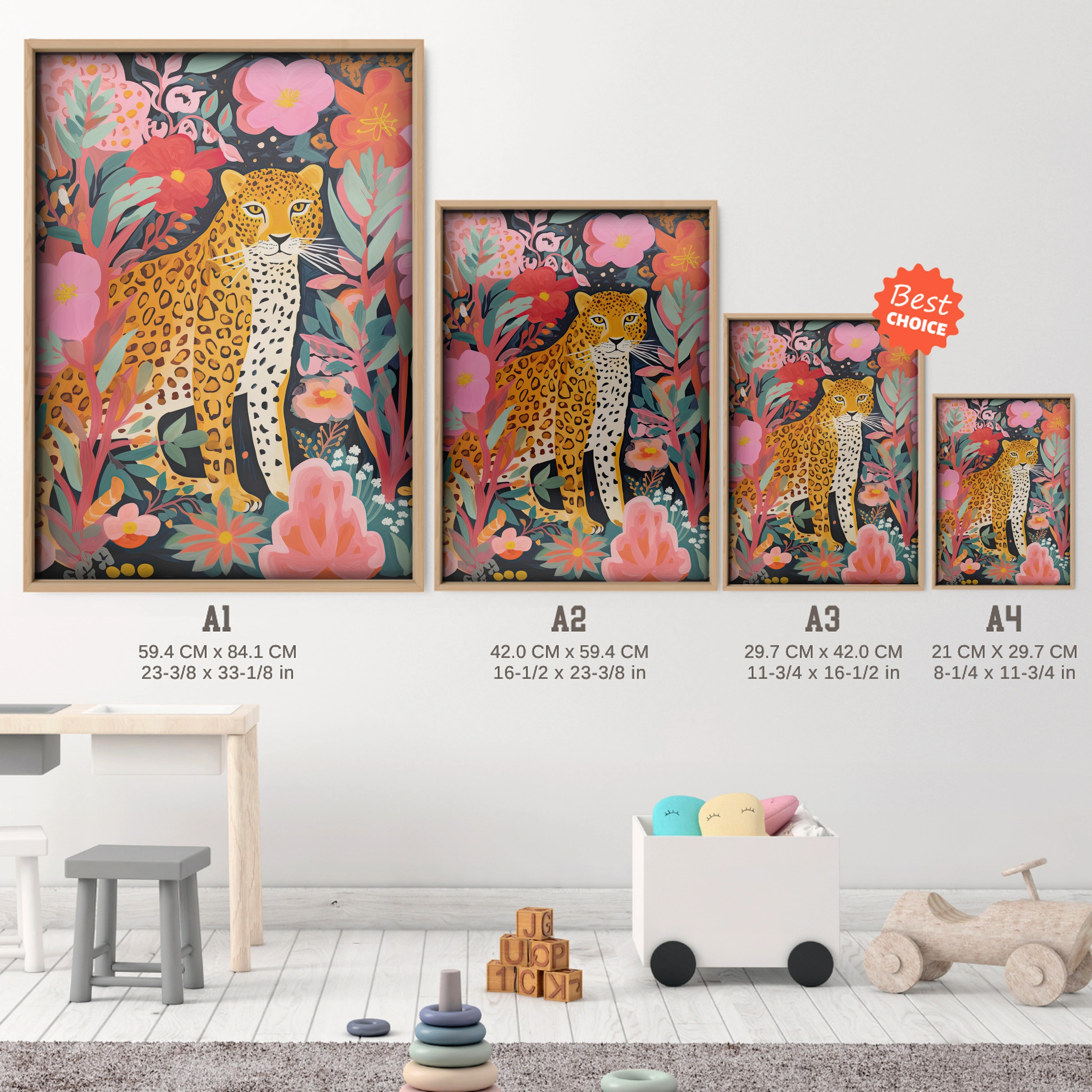 Leopard in Flowers Nursery Print - size guide A4 A3 A2 A1 nursery print