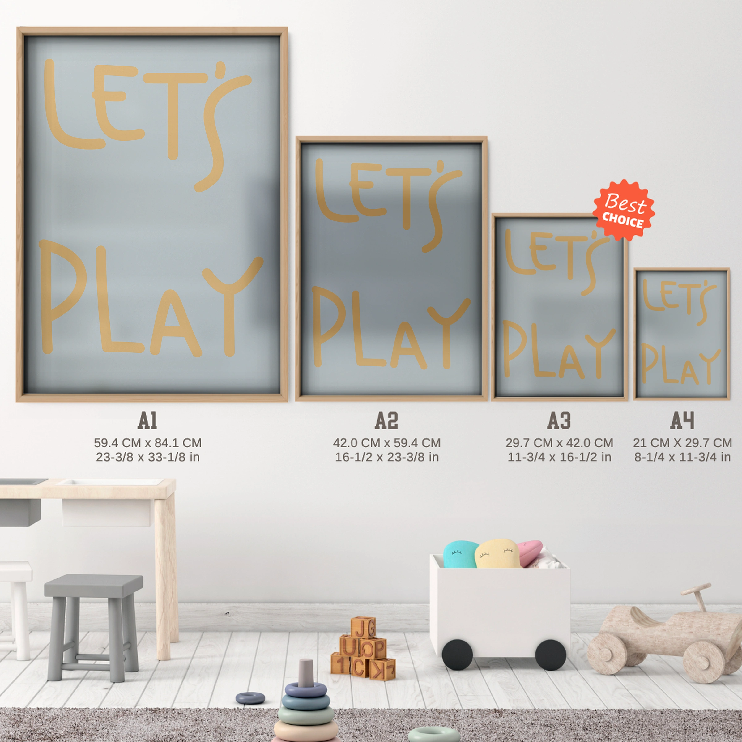 Let's Play Nursery Print - size guide A4 A3 A2 A1 nursery print