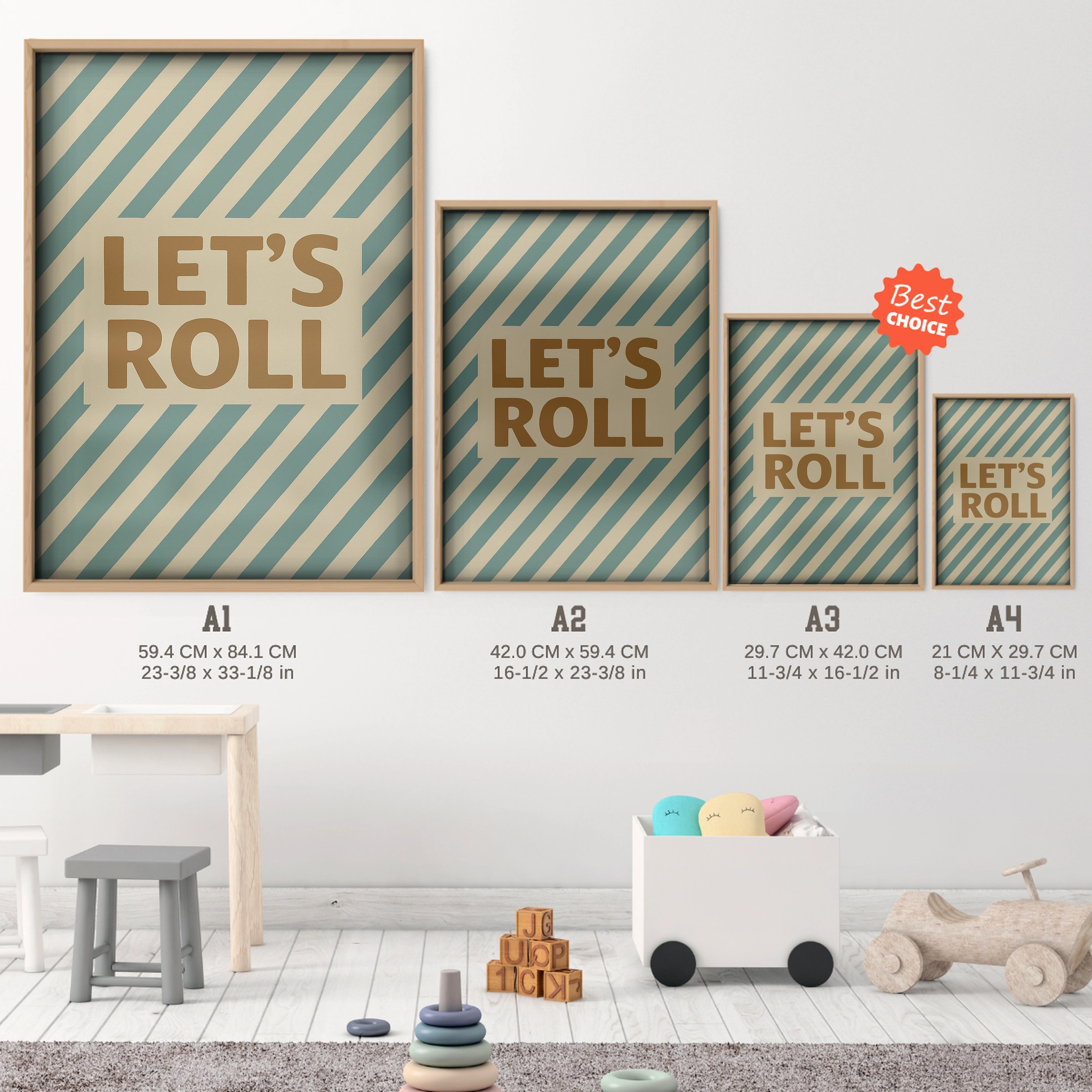 Let's Roll Nursery Print - size guide A4 A3 A2 A1 nursery print