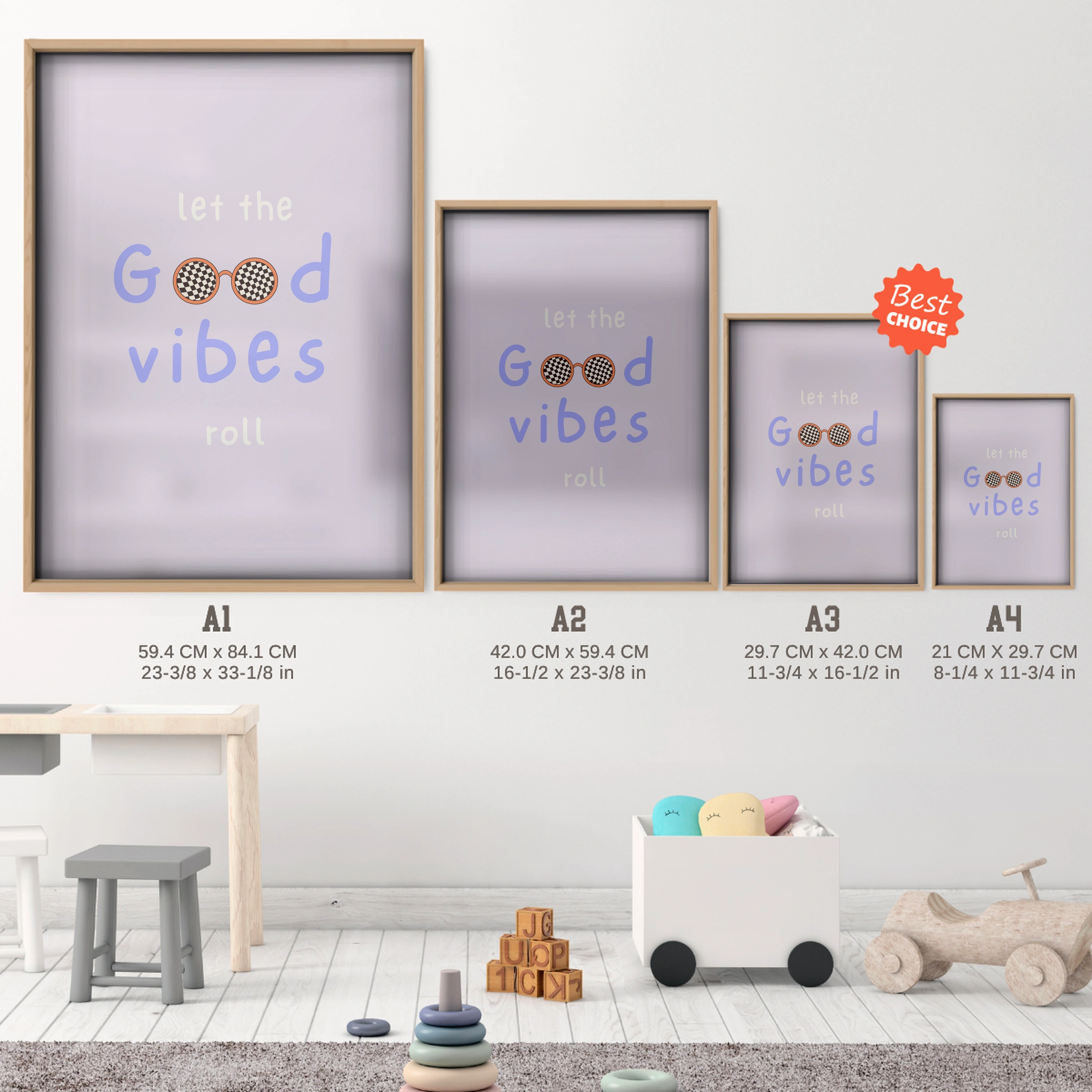Let the Good Vibes Roll Nursery Print - size guide A4 A3 A2 A1 nursery print