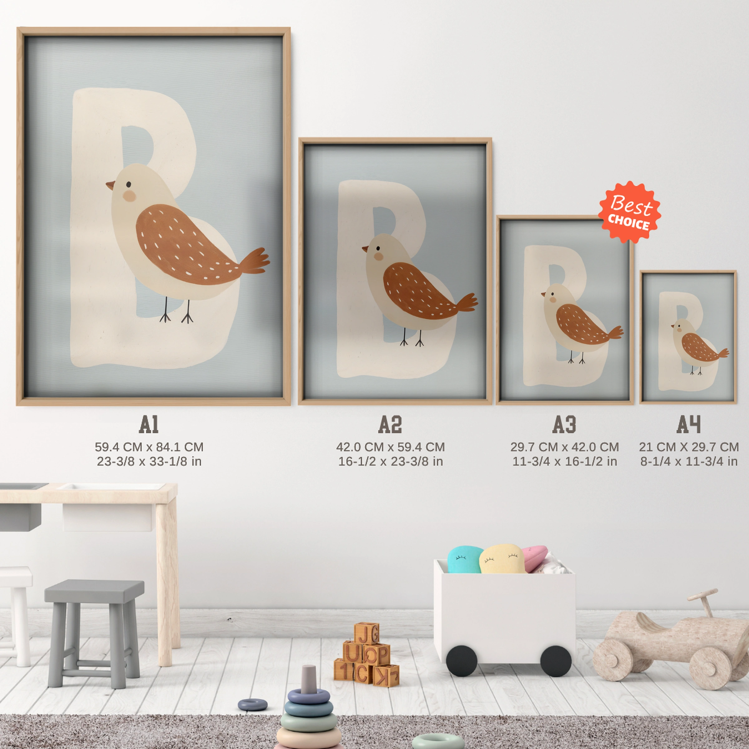 Letter B Bird Nursery Print - size guide A4 A3 A2 A1 nursery print
