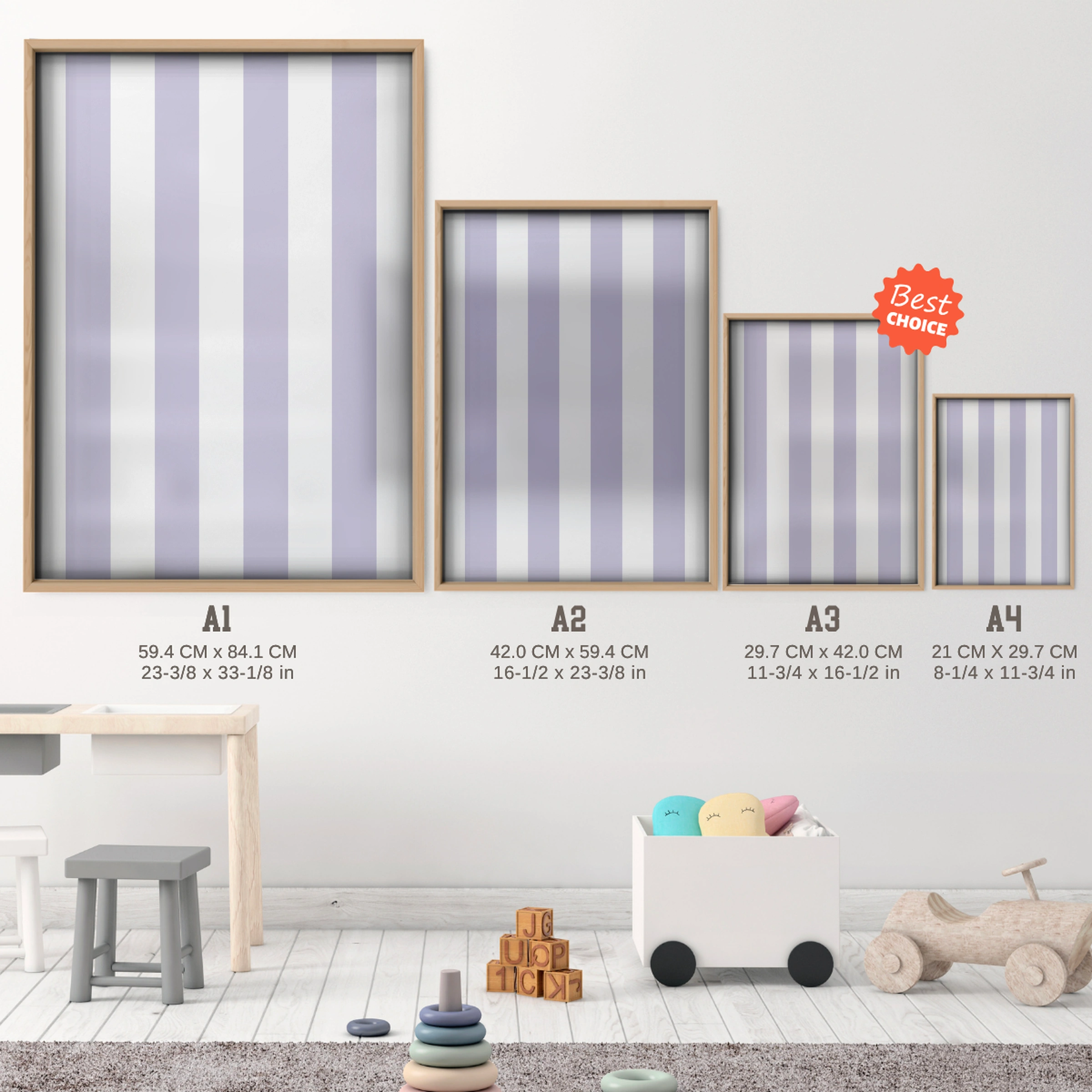 Lilac Stripes Nursery Print - size guide A4 A3 A2 A1 nursery print