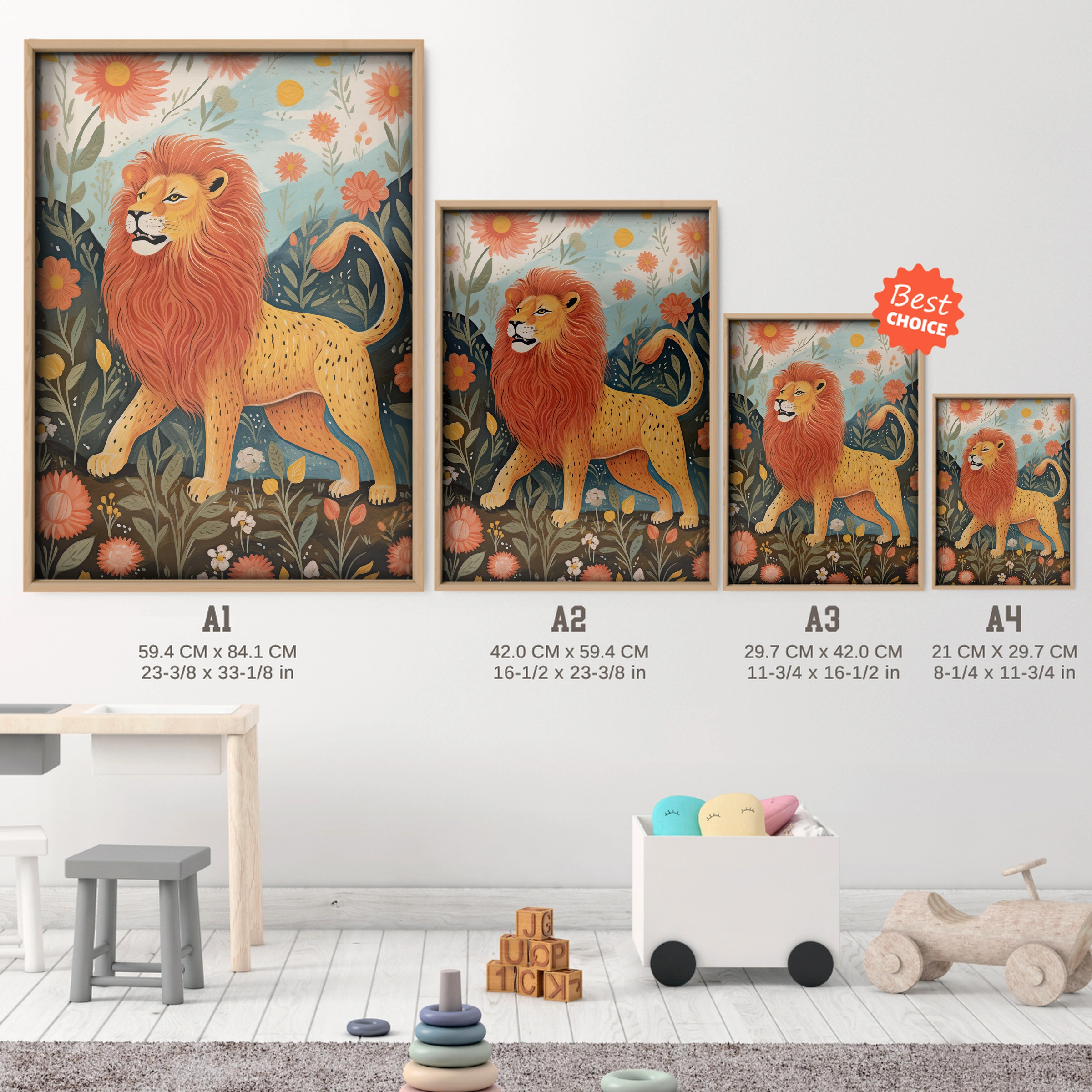 Lion Among Flowers Nursery Print - size guide A4 A3 A2 A1 nursery print