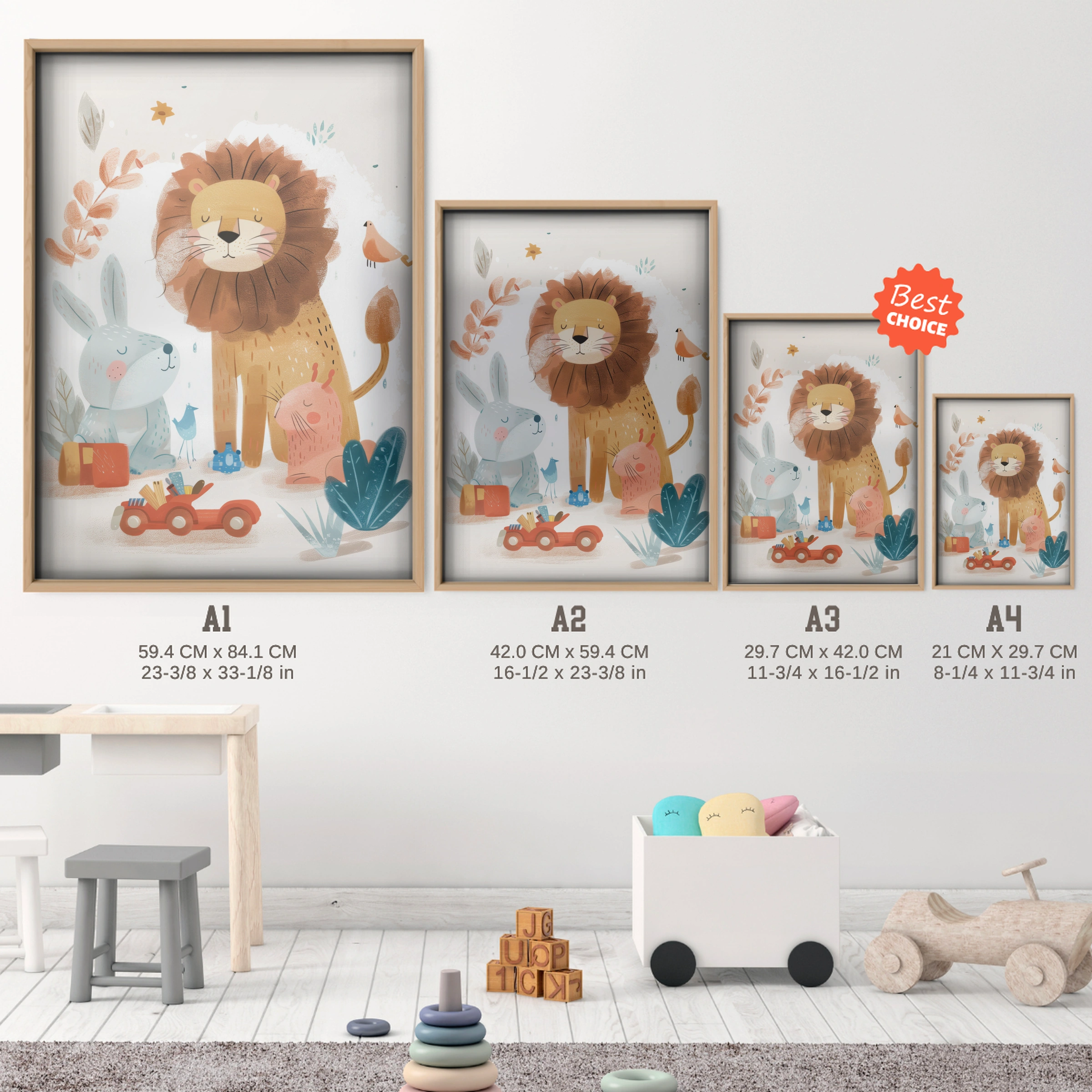 Lion and Bunny Toys Nursery Print - size guide A4 A3 A2 A1 nursery print