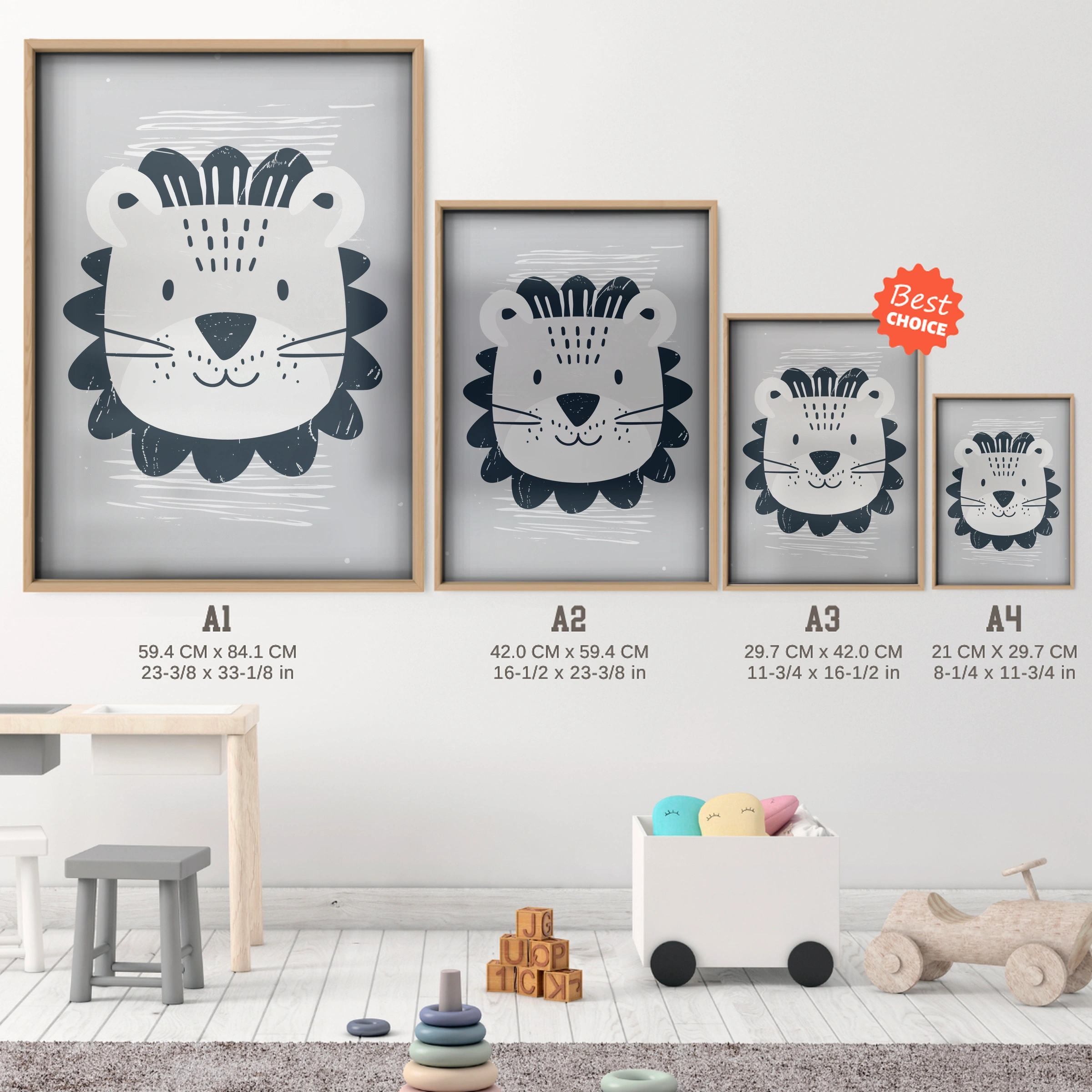 Lion Face Nursery Print - size guide A4 A3 A2 A1 nursery print