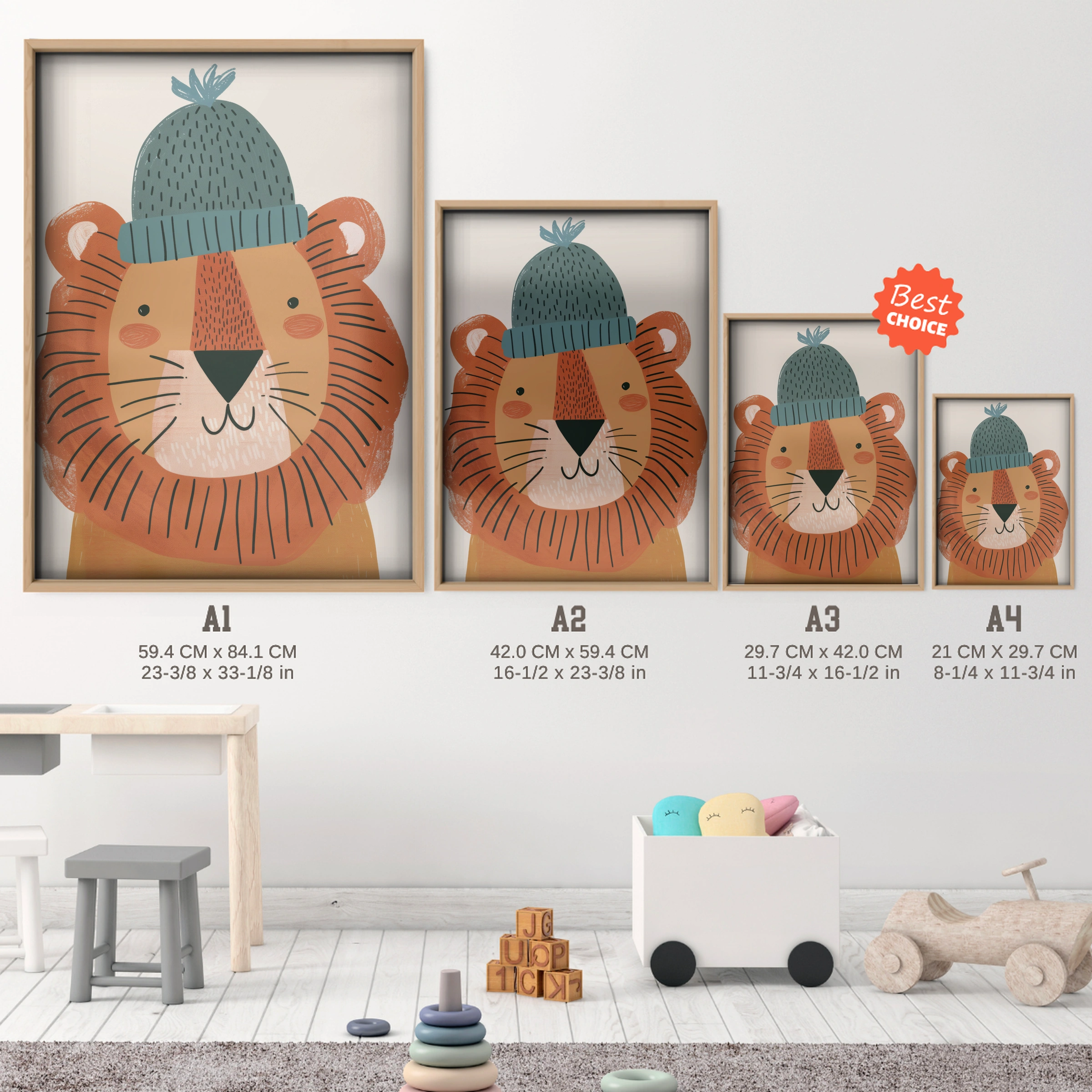 Lion in a Beanie Nursery Print - size guide A4 A3 A2 A1 nursery print