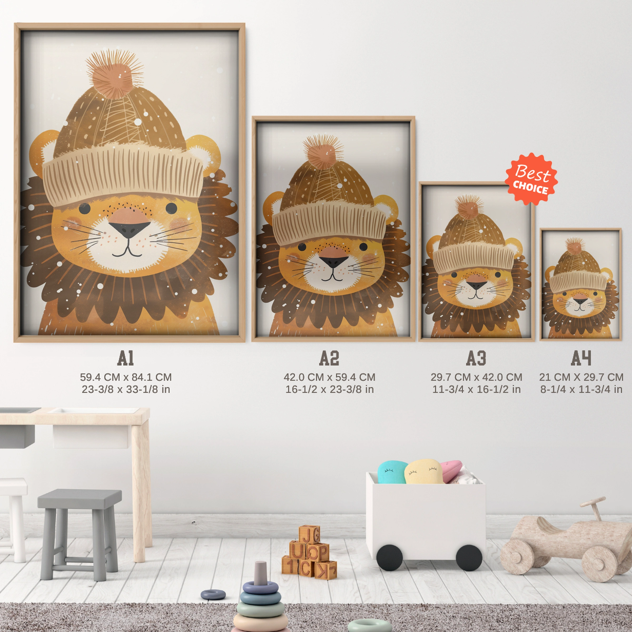 Lion in a Bobble Hat Nursery Print - size guide A4 A3 A2 A1 nursery print