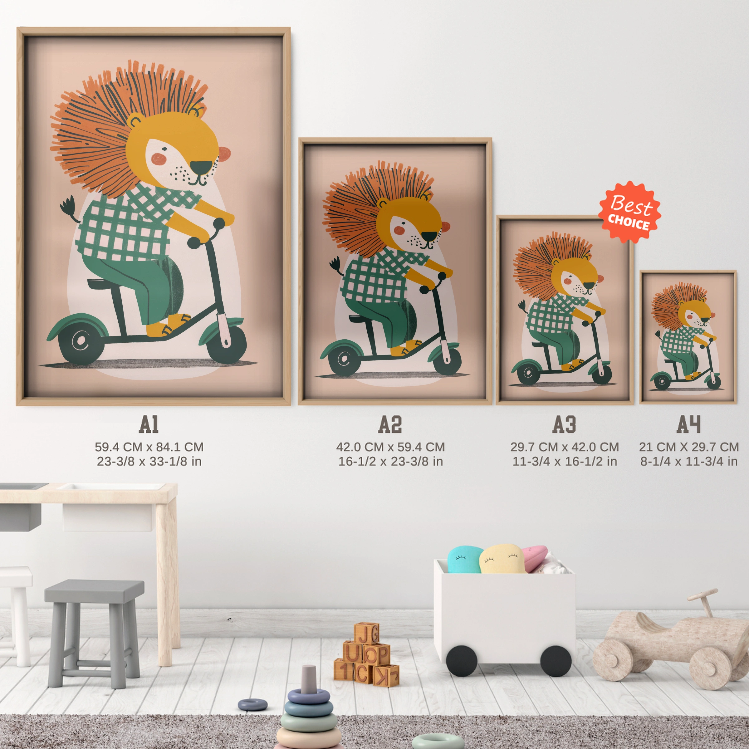 Lion on a Scooter Nursery Print - size guide A4 A3 A2 A1 nursery print