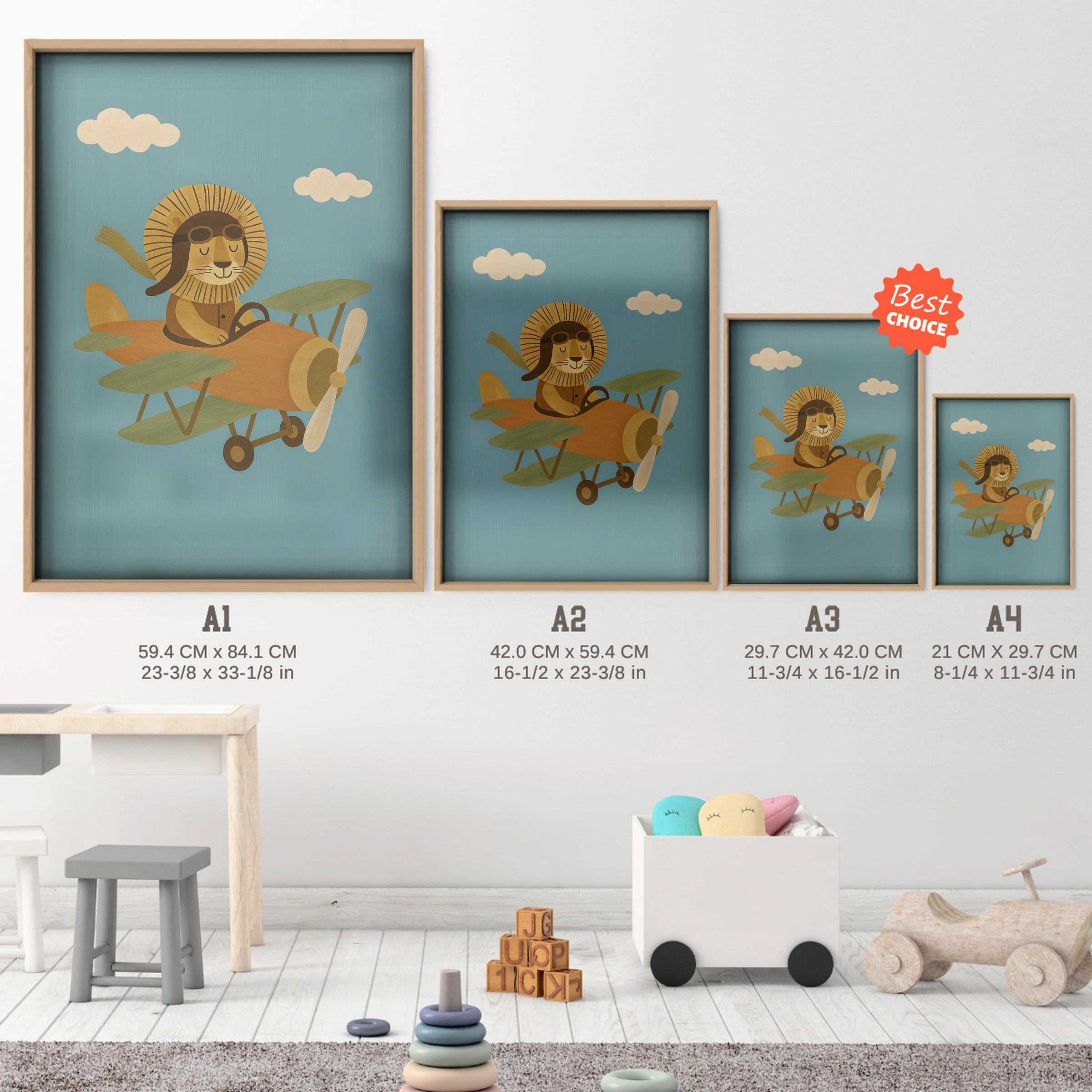 Lion Pilot in a Plane Nursery Print - size guide A4 A3 A2 A1 nursery print