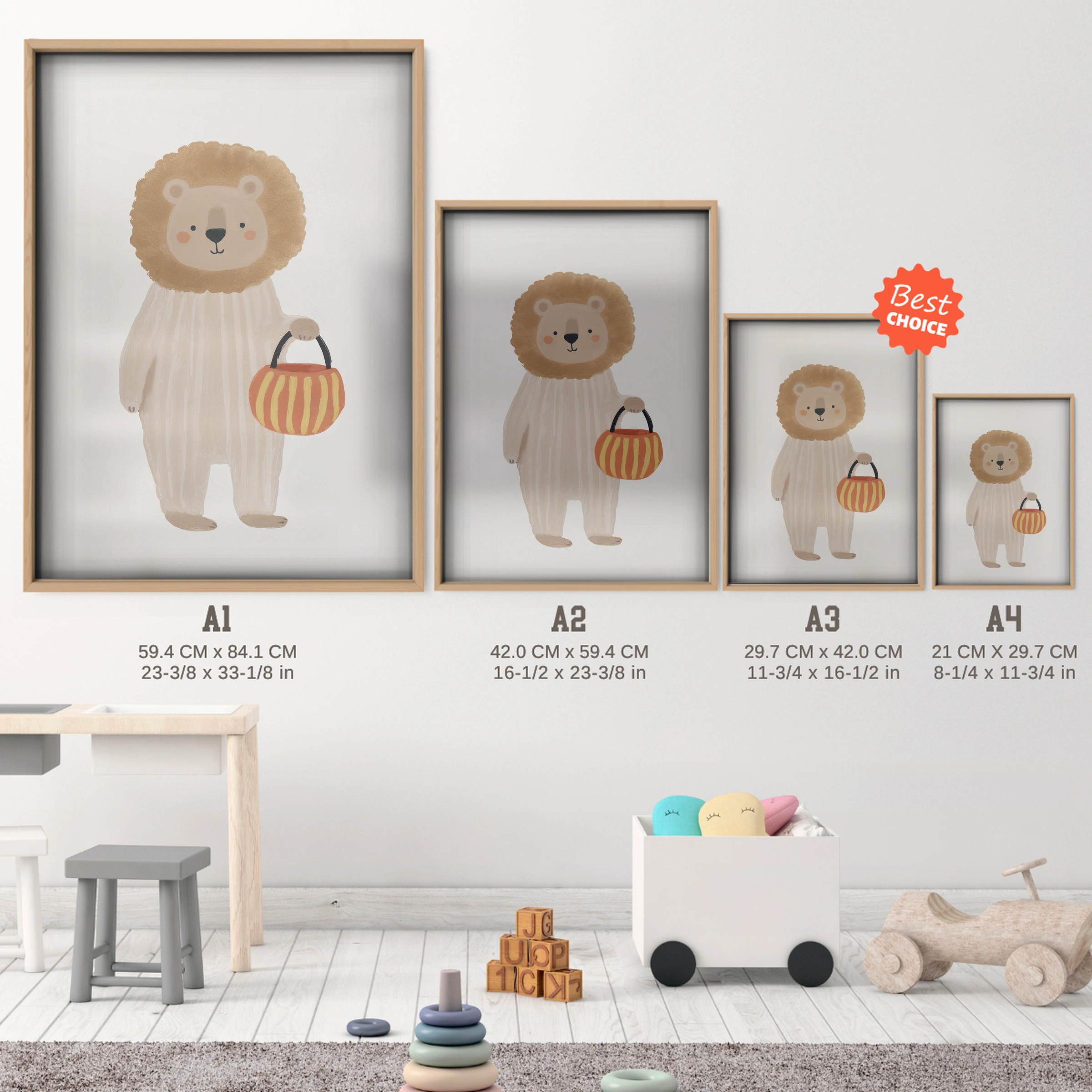 Lion with a Basket Nursery Print - size guide A4 A3 A2 A1 nursery print