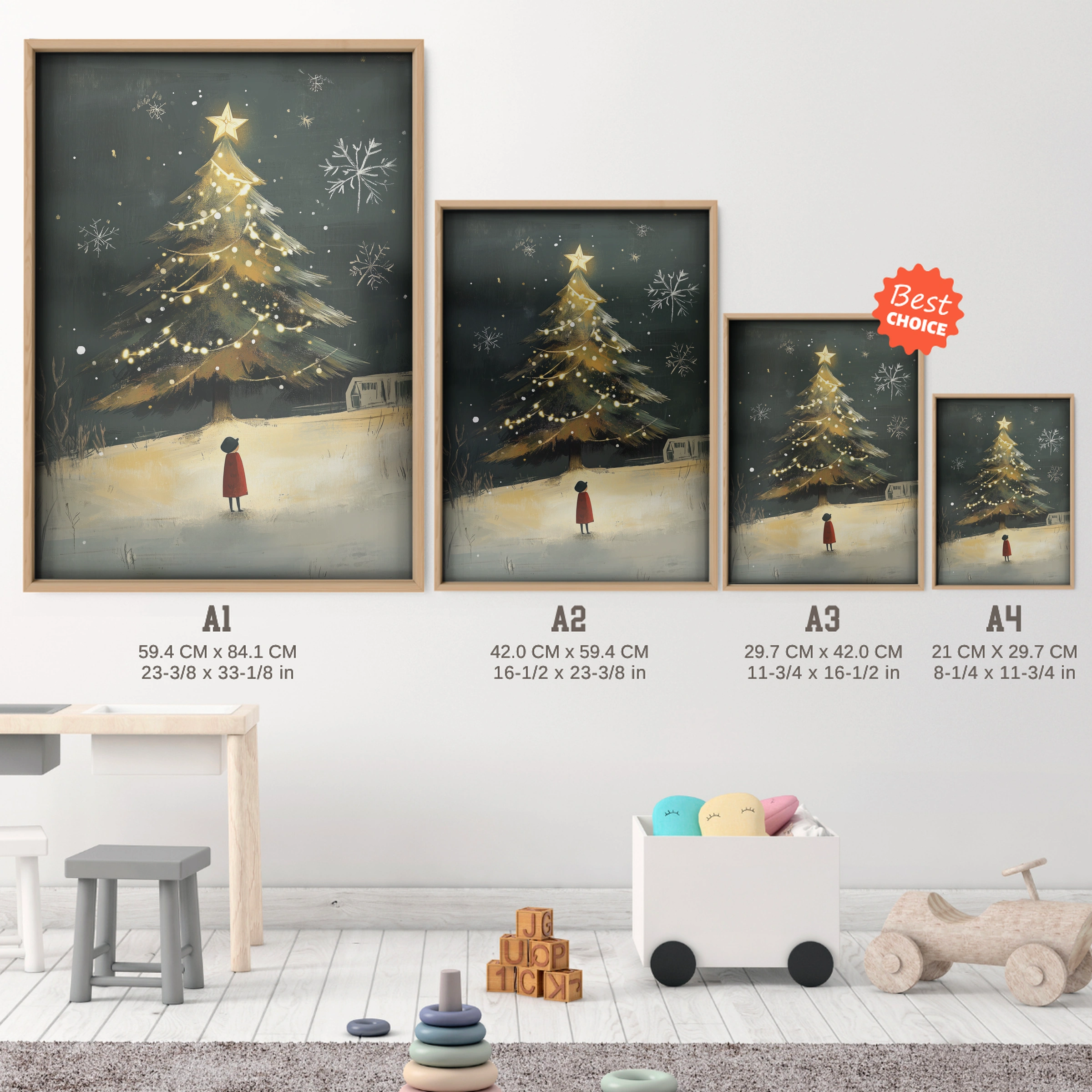 Lit Christmas Tree Print - size guide A4 A3 A2 A1 nursery print