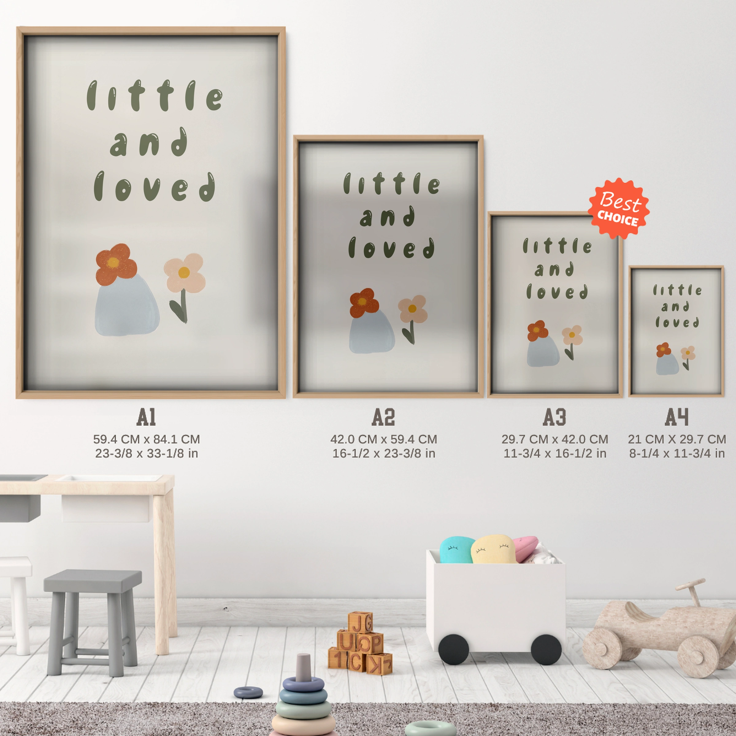 Little and Loved Nursery Print - size guide A4 A3 A2 A1 nursery print
