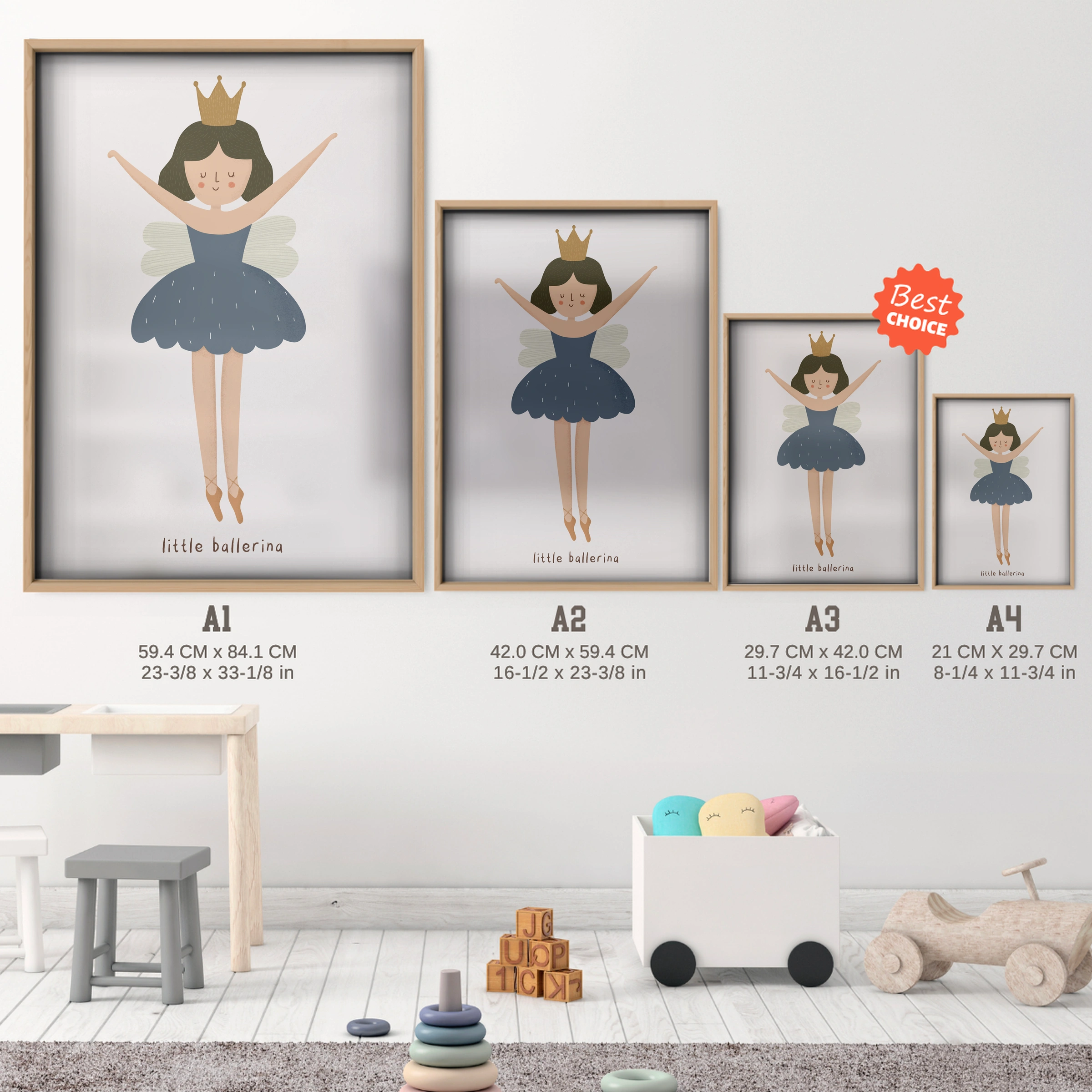 Little Ballerina Fairy Nursery Print - size guide A4 A3 A2 A1 nursery print