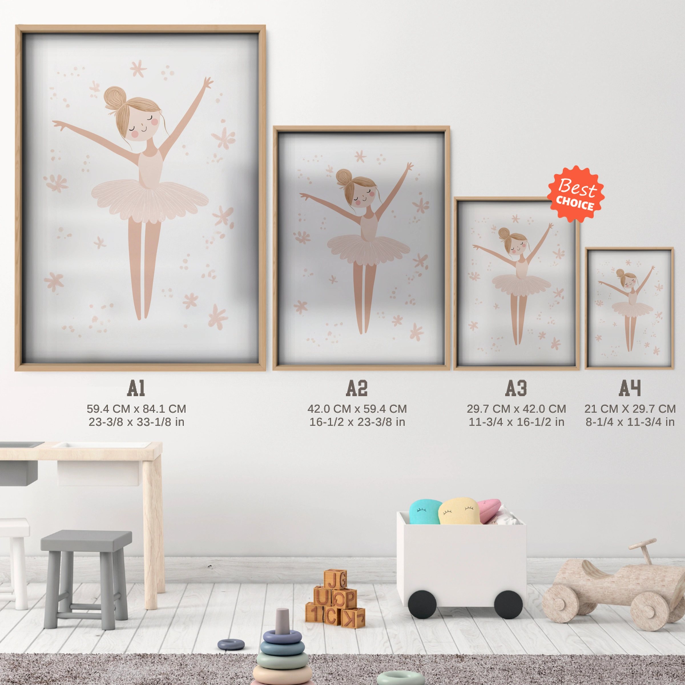 Little Ballerina Nursery Print - size guide A4 A3 A2 A1 nursery print