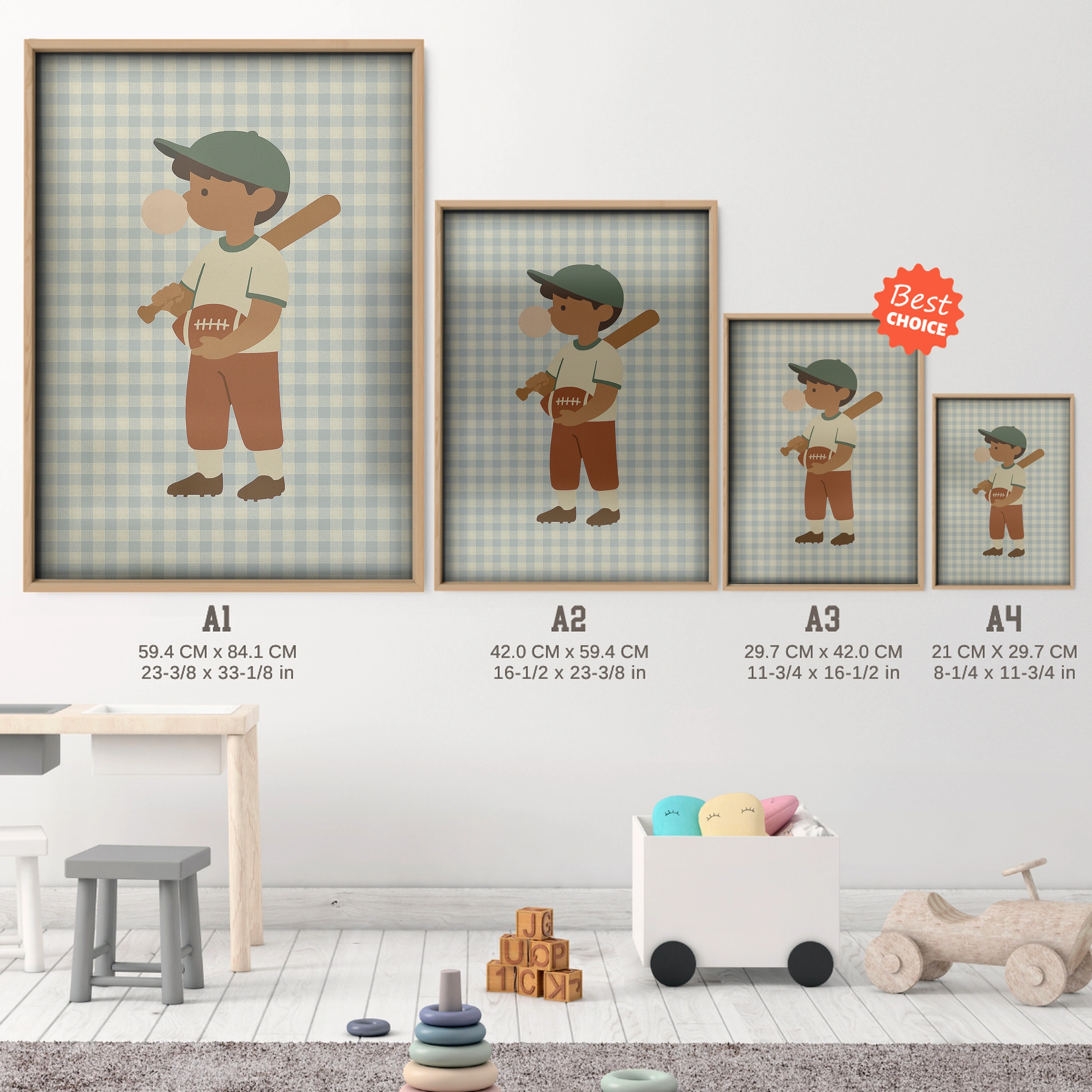 Little Baseball Player Nursery Print - size guide A4 A3 A2 A1 nursery print