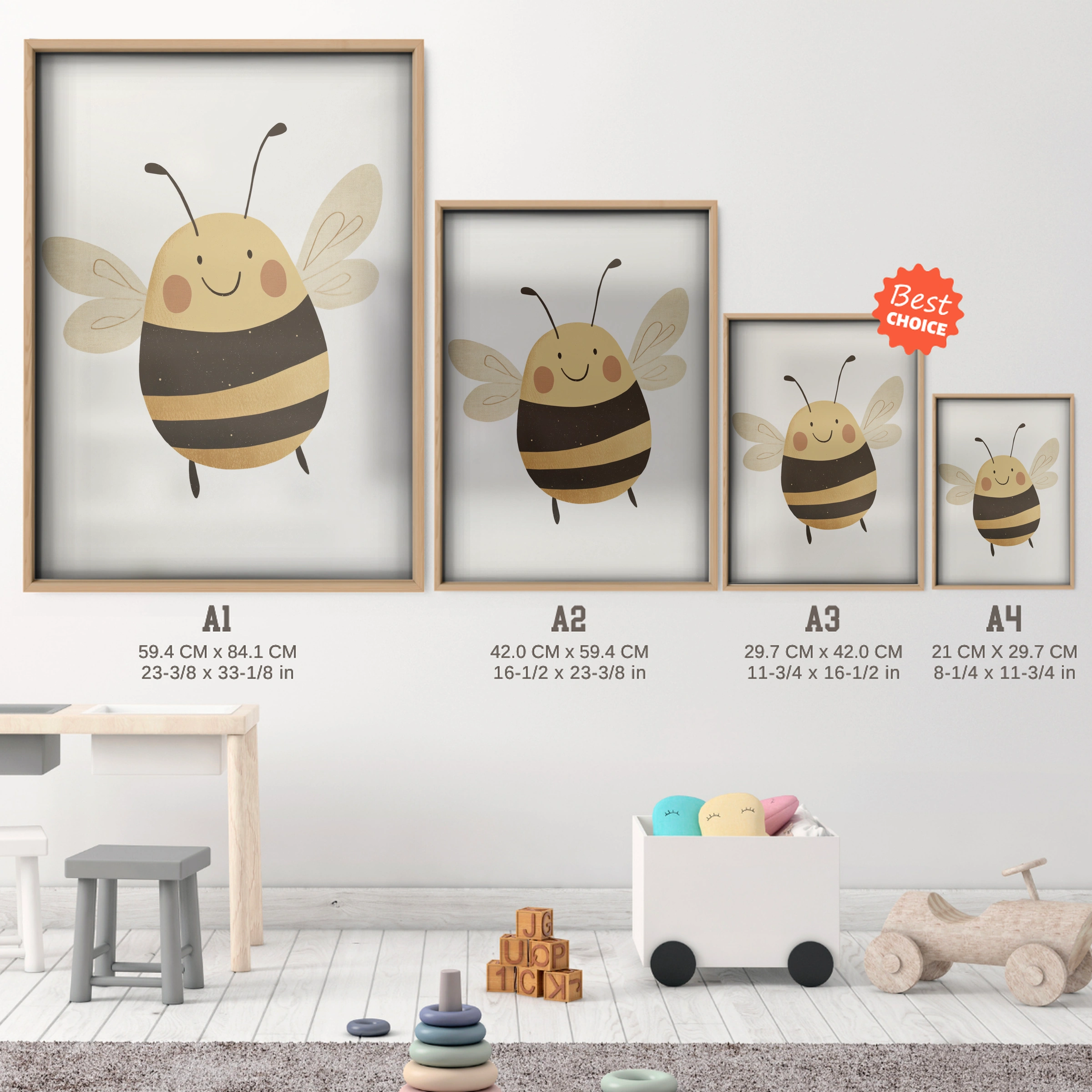 Little Bee Nursery Print - size guide A4 A3 A2 A1 nursery print